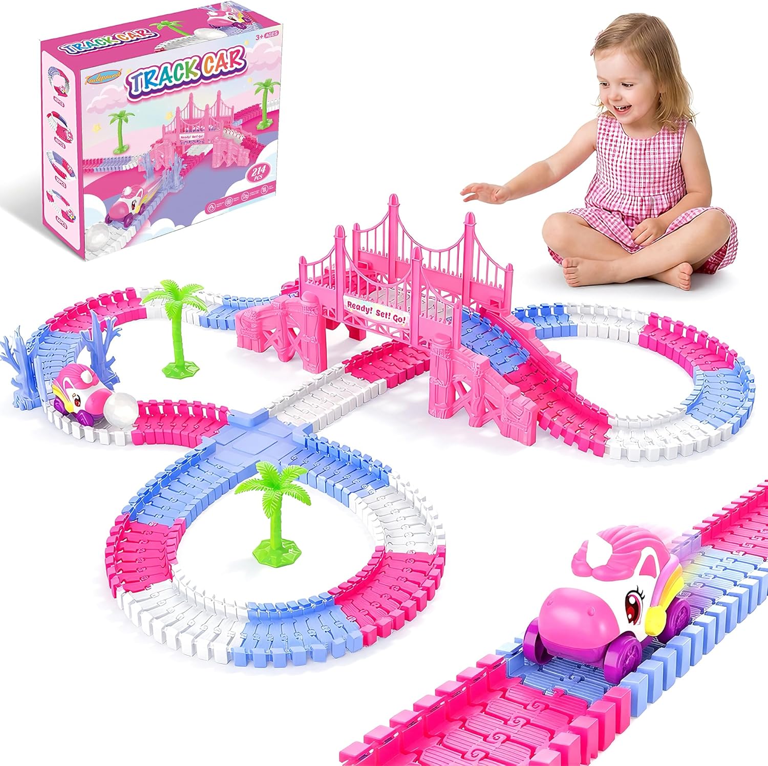 Race Car Tracks Toy Set for Girls Age 3-8, 214PCS Pink Princess Cars Toys with Monster Truck & Magic Bendable Train Tracks, Flexible DIY Raceway Set for Toddler Girls Christmas Birthday Gifts