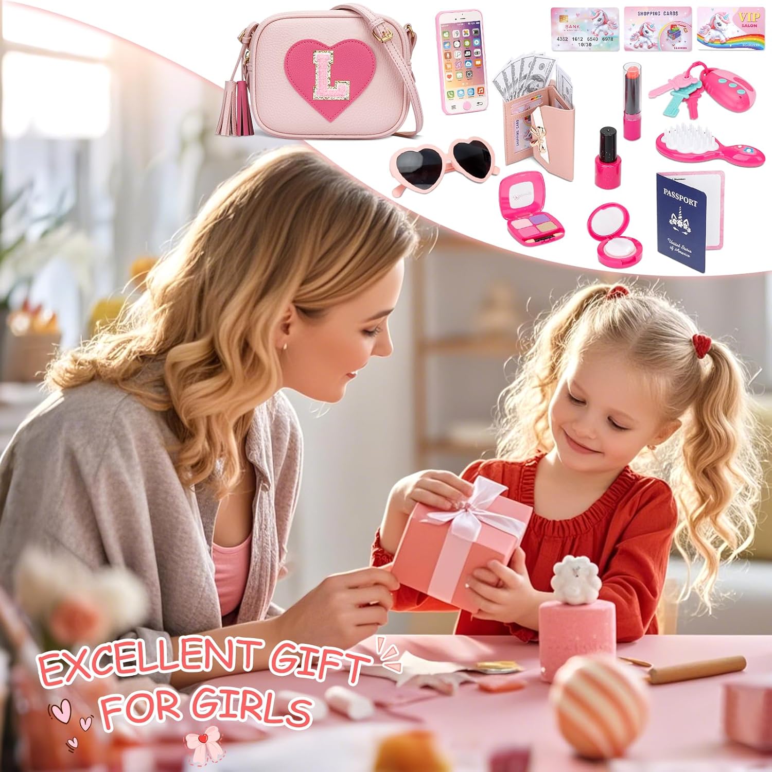 CBEE Little Girls Pretend Play Purse for 3-6 Years Old, Kids Toy Set with Crossbody Bag, Wallet, Makeup, Phone,Keys, Birthday for 3.4.5.6 Year Old Toddler (L)