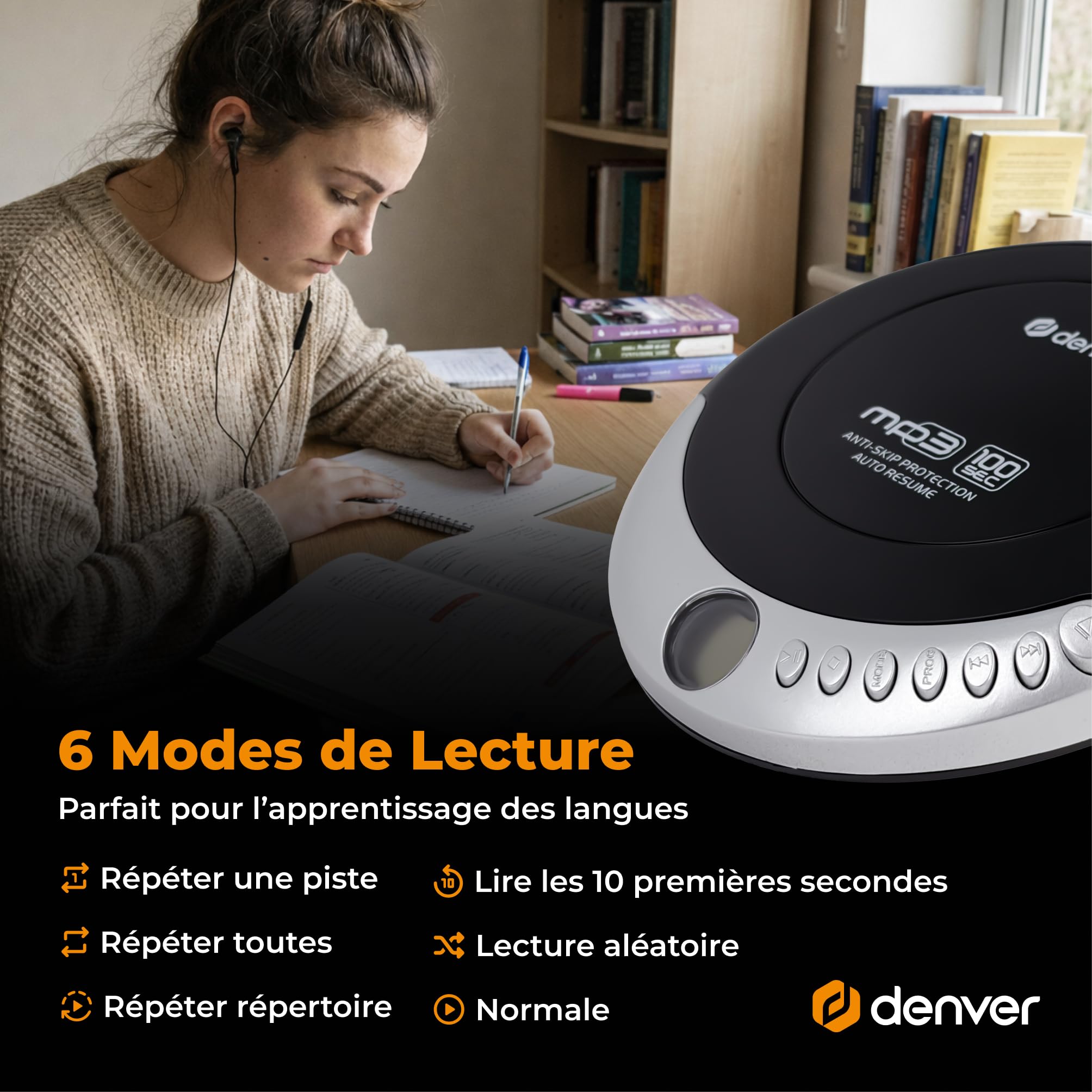Denver DMP-391 Lecteur CD/MP3 Portable avec Anti-Choc, Reprise Automatique, écran LCD, Prise Casque, écouteurs Inclus, Noir