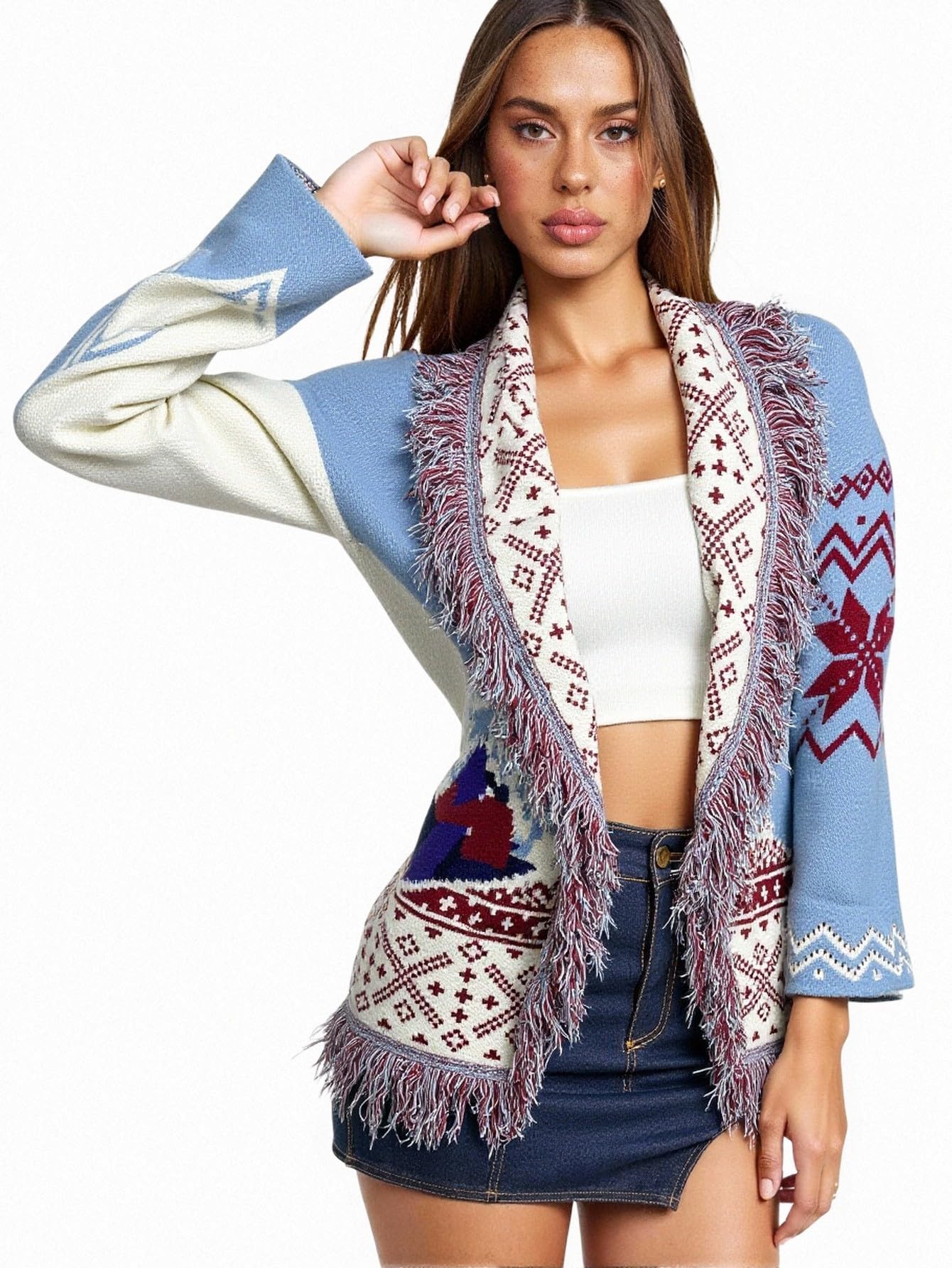 Womens Knit Cardigan with Fringe Trim Belted Waist Festive Fair Isle Pattern Cozy Winter Sweater Outerwear