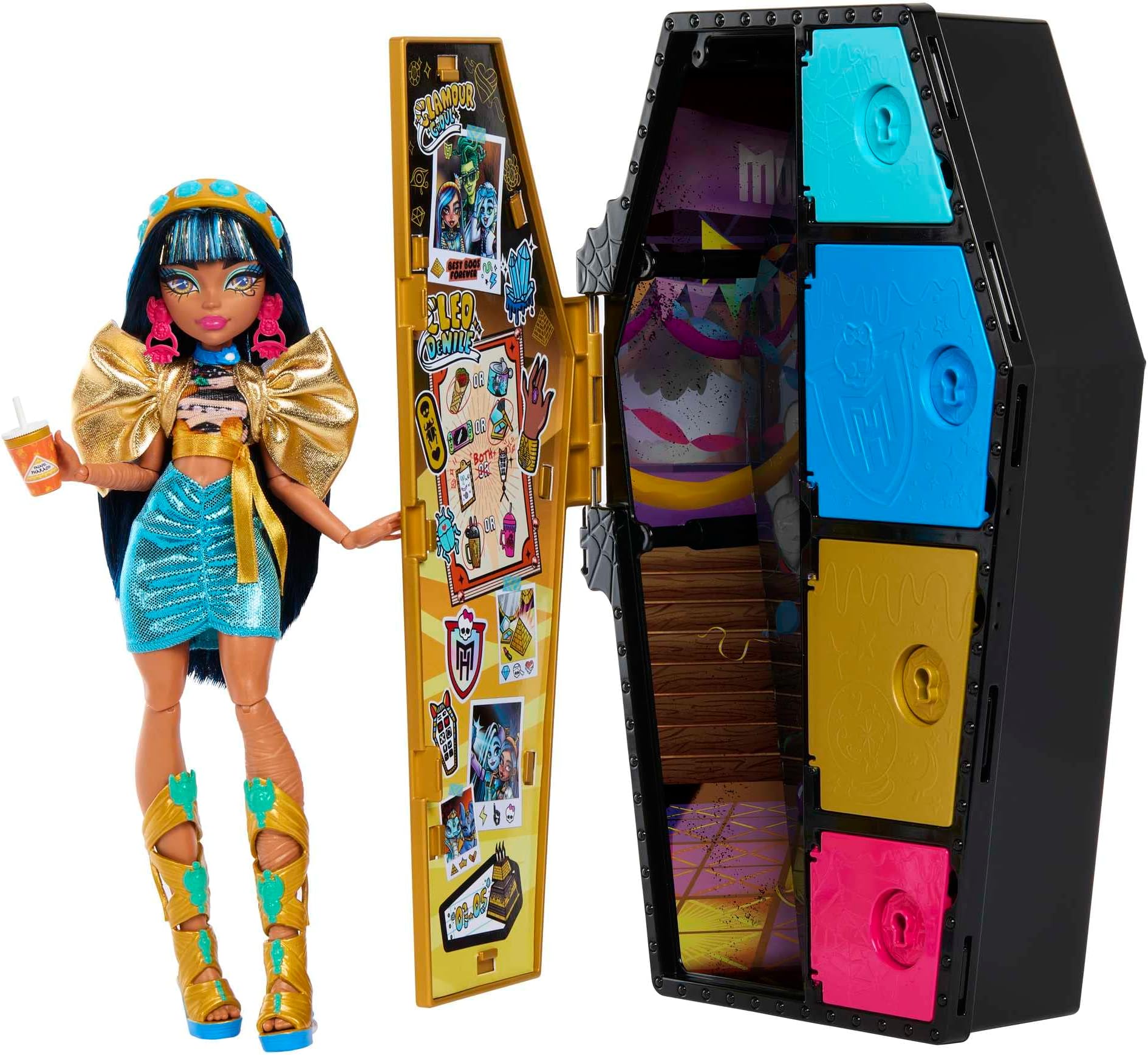 Monster High Doll and Fashion Set, Cleo De Nile with Dress-Up Locker and 19+ Surprises, Skulltimate Secrets, HKY63