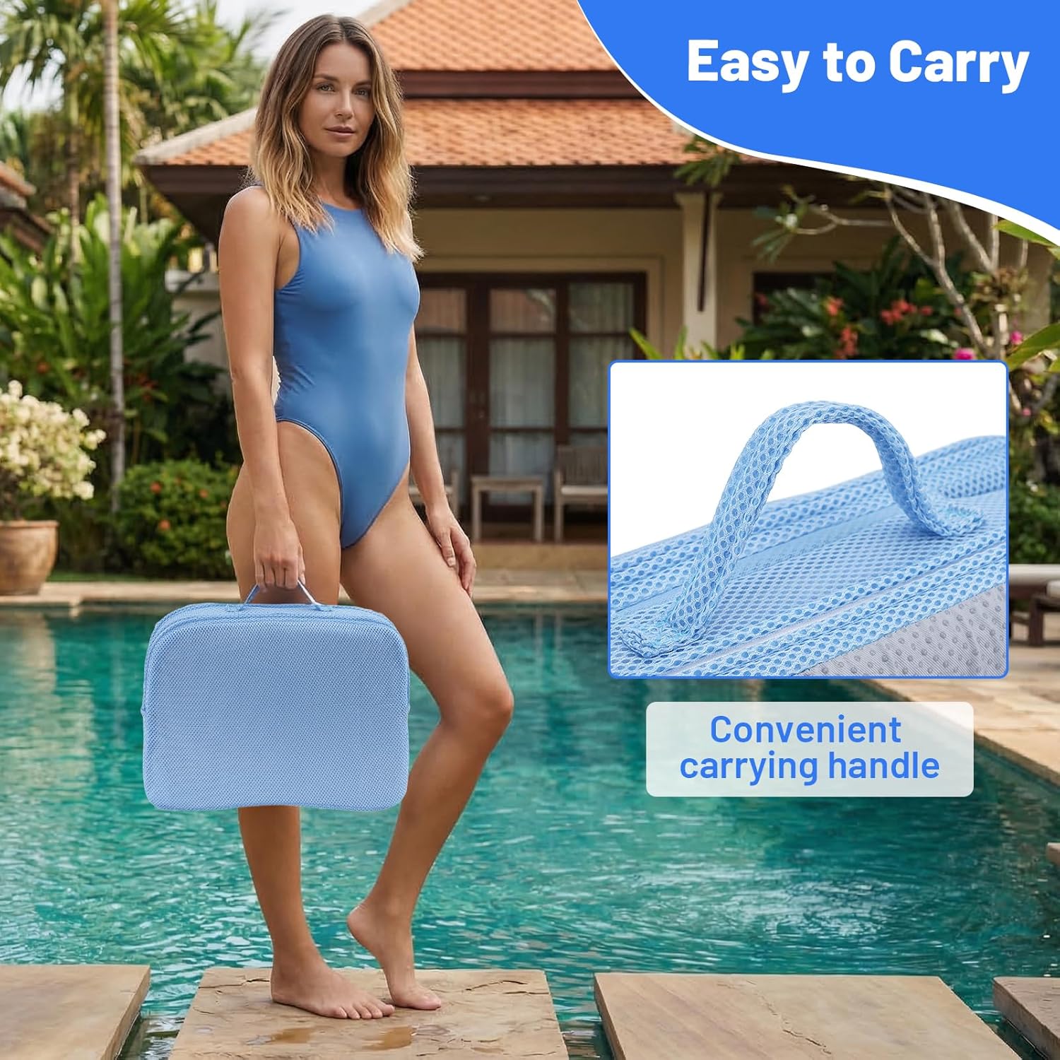 Foldable Hot Tub Booster Seat for Adults, 3D Air Mesh Spa Cushion Quick Dry Water Absorbent Non-Slip for Bathtub Pool Spa, 1 Pack (Blue)