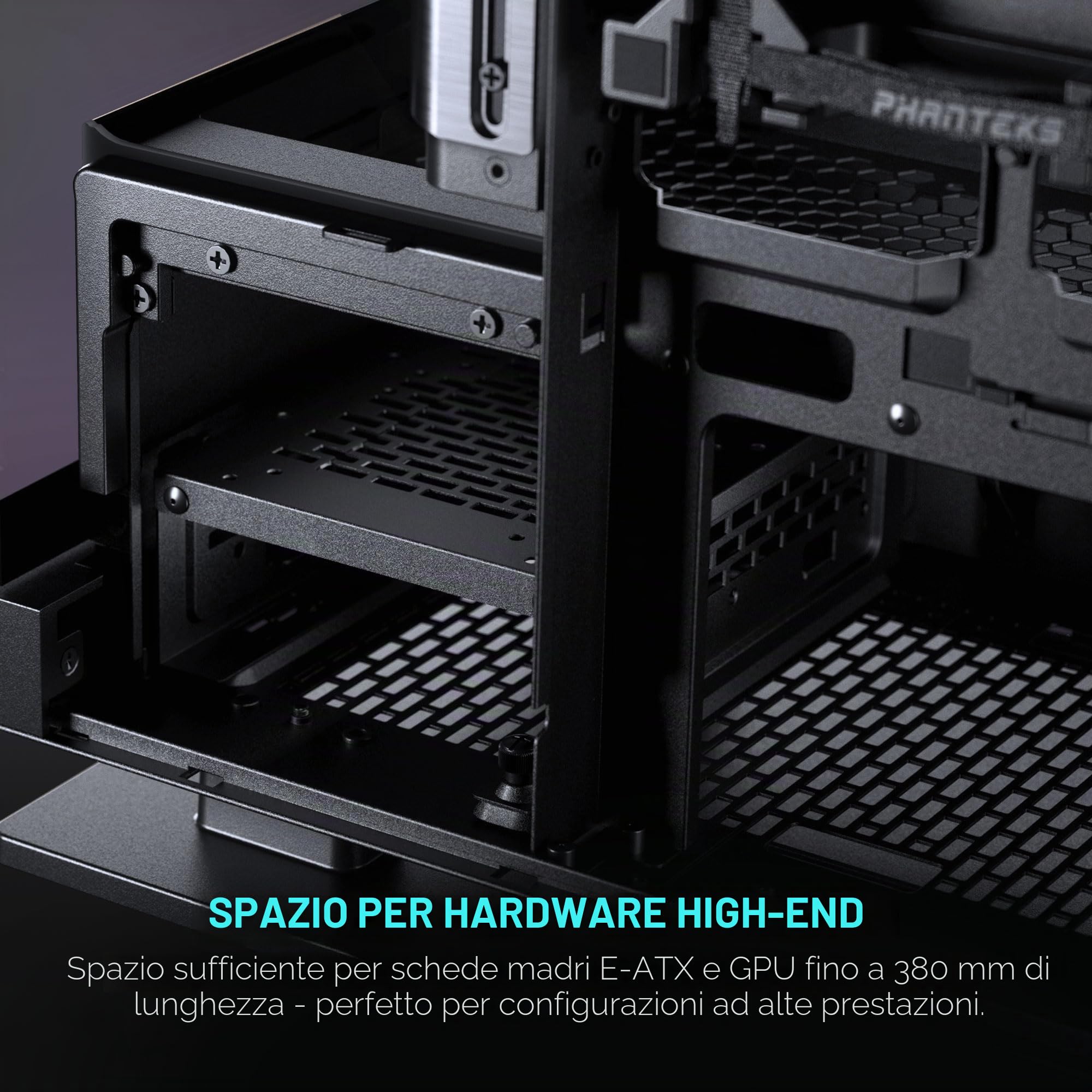 Phanteks Evolv X2, telaio di gioco a metà torre, sistema di raffreddamento verticale, telaio in vetro temperato trasparente, pannello interno in alluminio spazzolato con illuminazione D-RGB integrata,