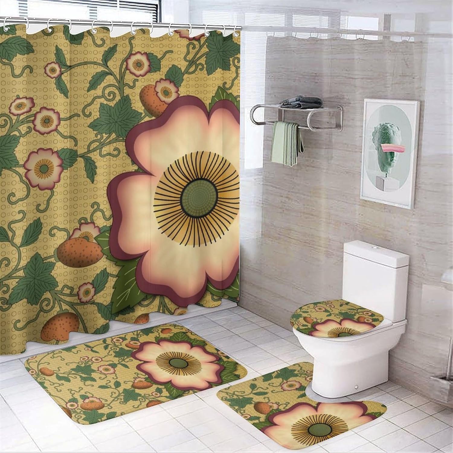 Rideau de douche style bohème avec tapis pour ambiance campagne estivale