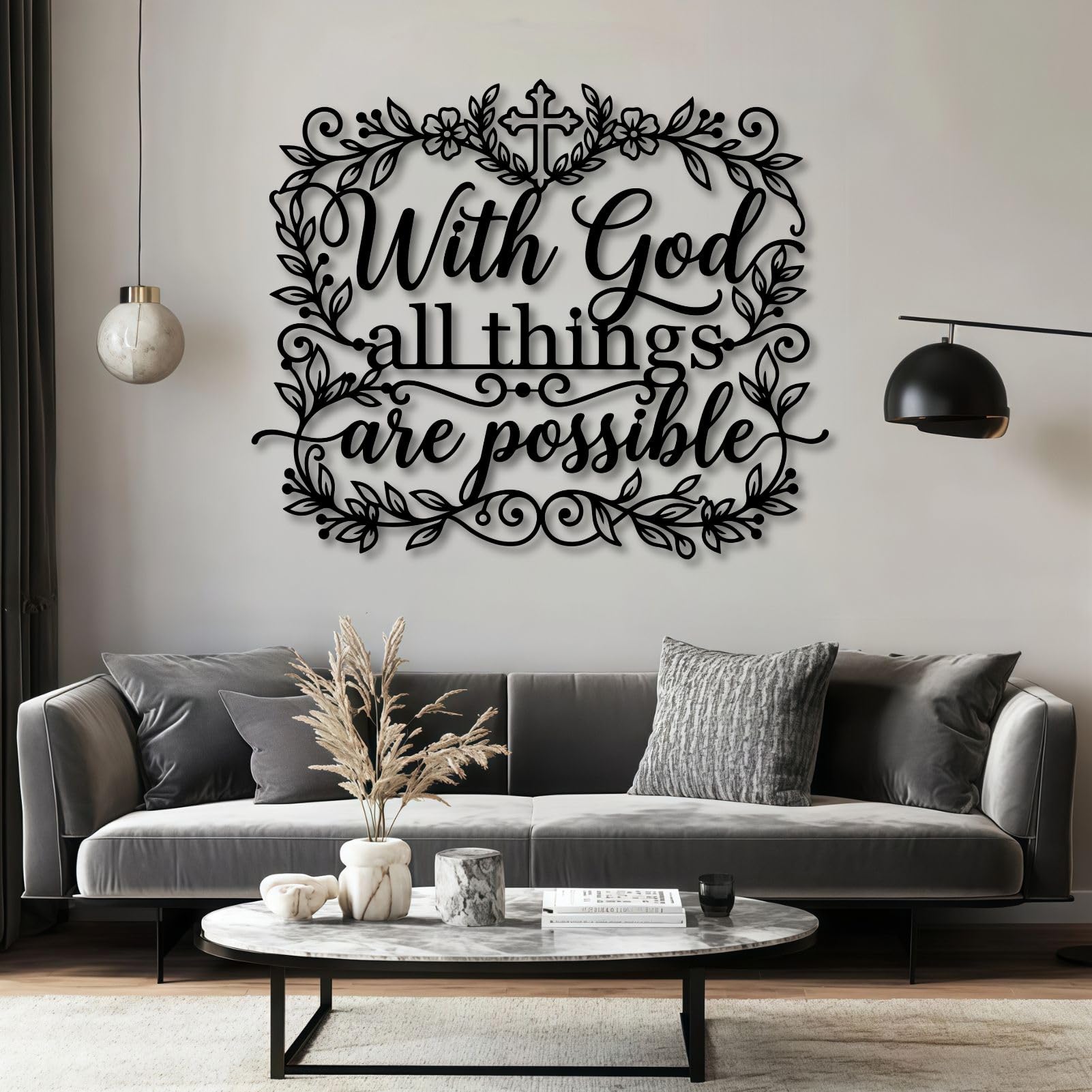 Metalowy czarny werset z krzyżem i wiarą, metalowy obraz ścienny z wiarą religijną, dekoracja wnętrz do salonu, sypialni, korytarza i schodów, naturalny wystrój domu (czarny, 35" szer. x 30"