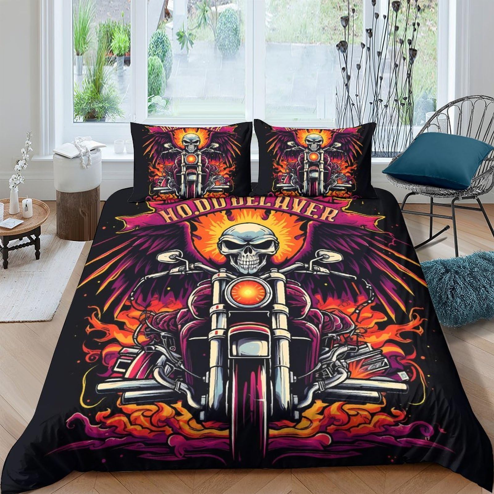 GPLZQXKJNH 3D Printed Skull Motorcycle Duvet Cover Microfiber Black Flame Bedding Set with 2 Pillowcases for Bedroom Decor Single（135x200cm）