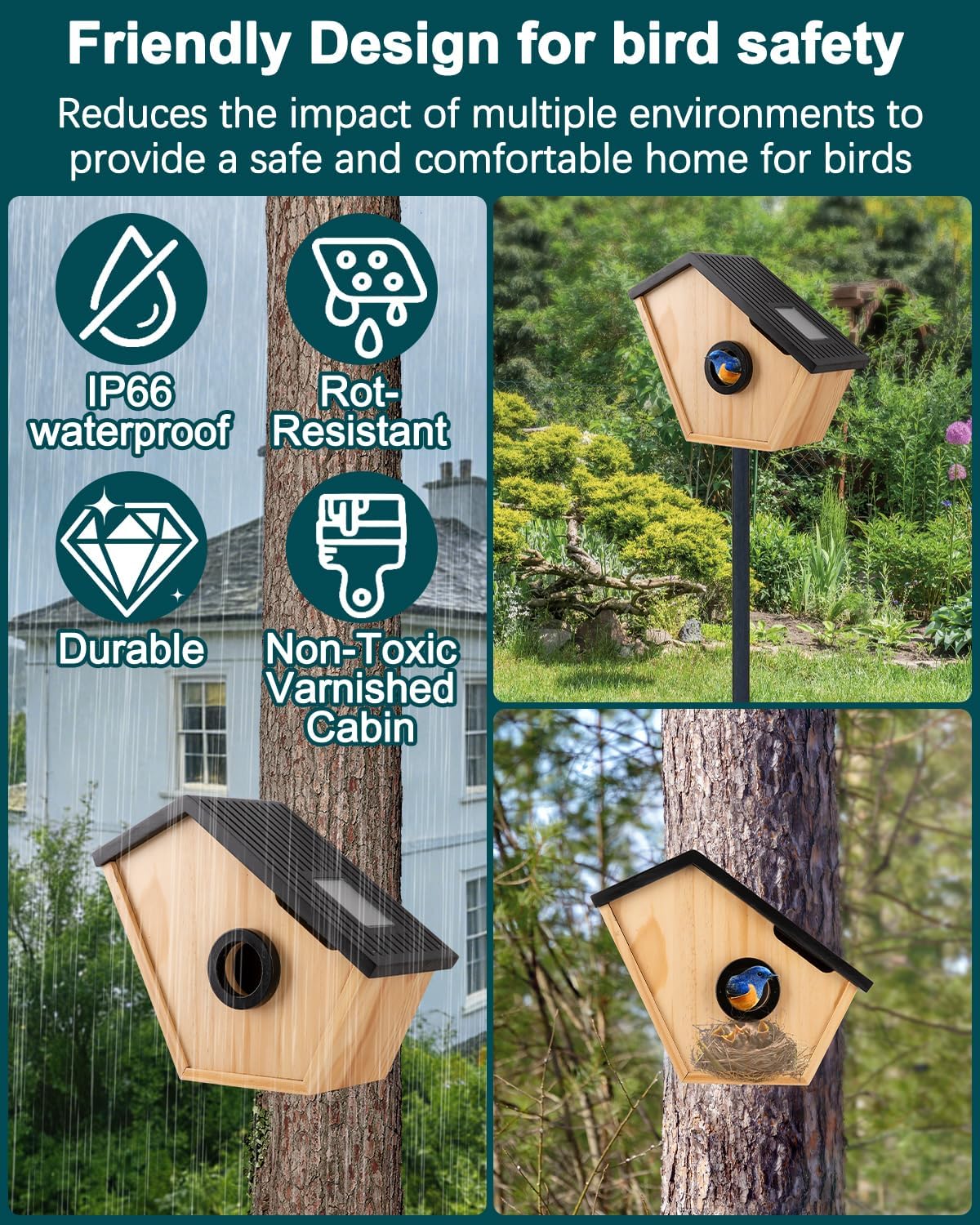 Bird House with Camera, Wireless Birdhouse for Outside with 2K HD Camera, 2.4G WiFi, App Notify, Solar Powered, Night Vision, AI Identify, Ideal Bird Nesting for Blue Bird and Cardinal
