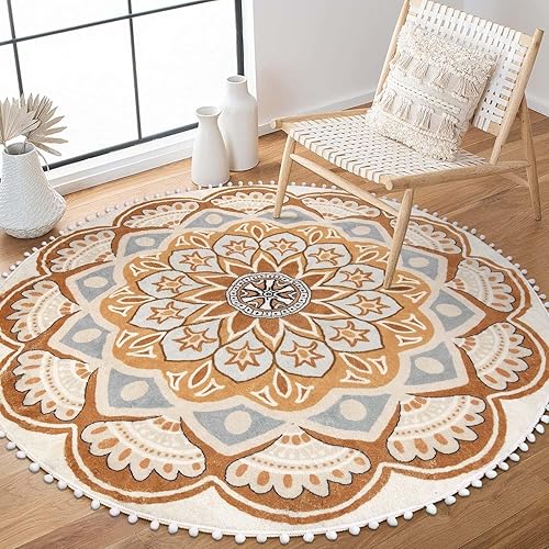 Uphome Alfombra redonda de 5.3 pies, alfombra bohemia circular naranja con flecos de pompones, lavable a máquina, antideslizante, alfombra suave y