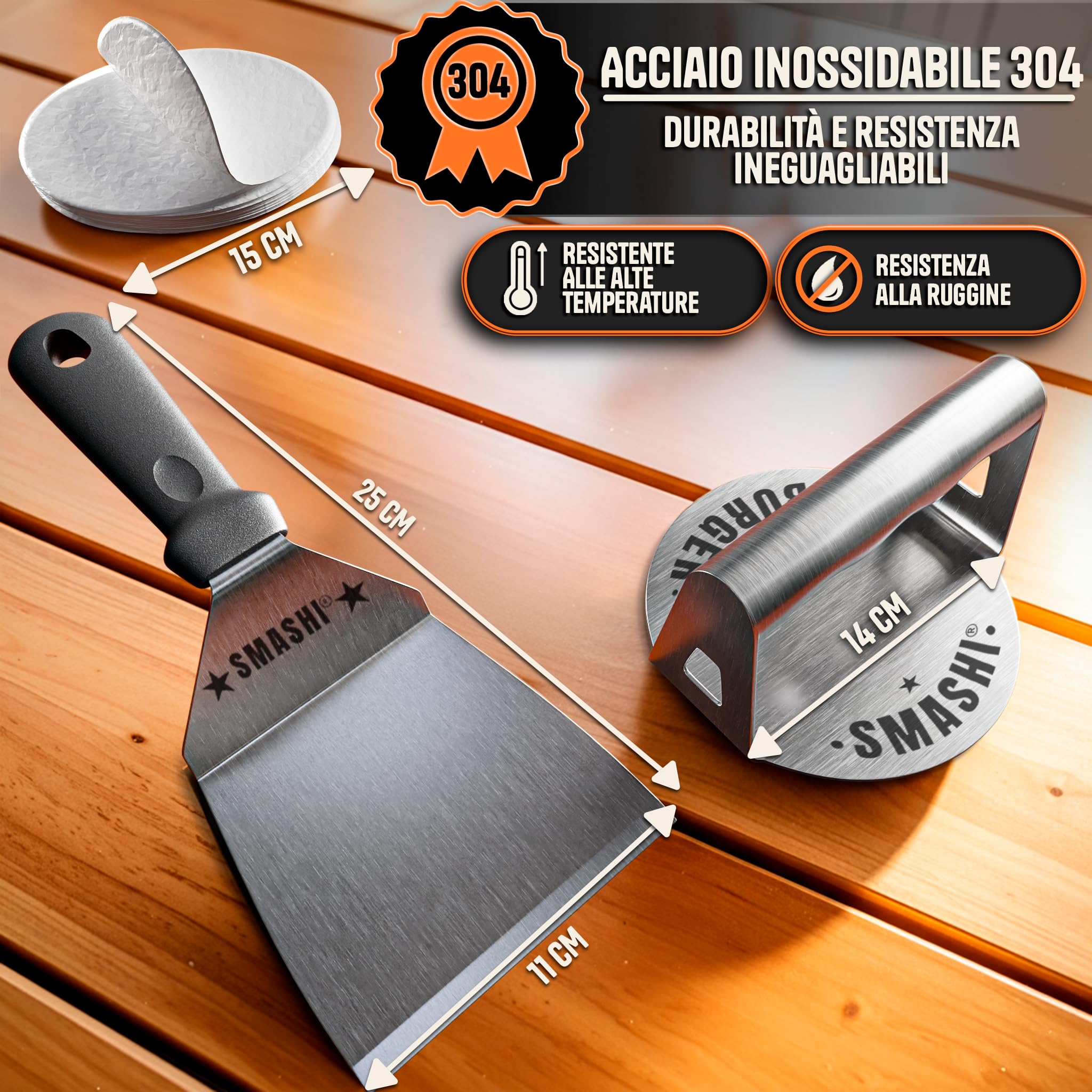 SMASHI® Kit Smash Burger Professionale – Pressa Hamburger in Acciaio Inox 304 Certificato EU | Espátola, Pressa, 50 Fogli Antiaderenti | Il Kit Autentico per Smash Burger