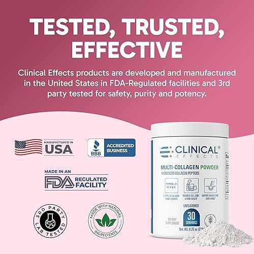 Miniatura 7 de Clinical Effects Multi-Collagen Powder - Collagen Dietary Supplement - 8oz - 30 Servings - 5 Types of Quality-Sourced Multi-Collagen to Support