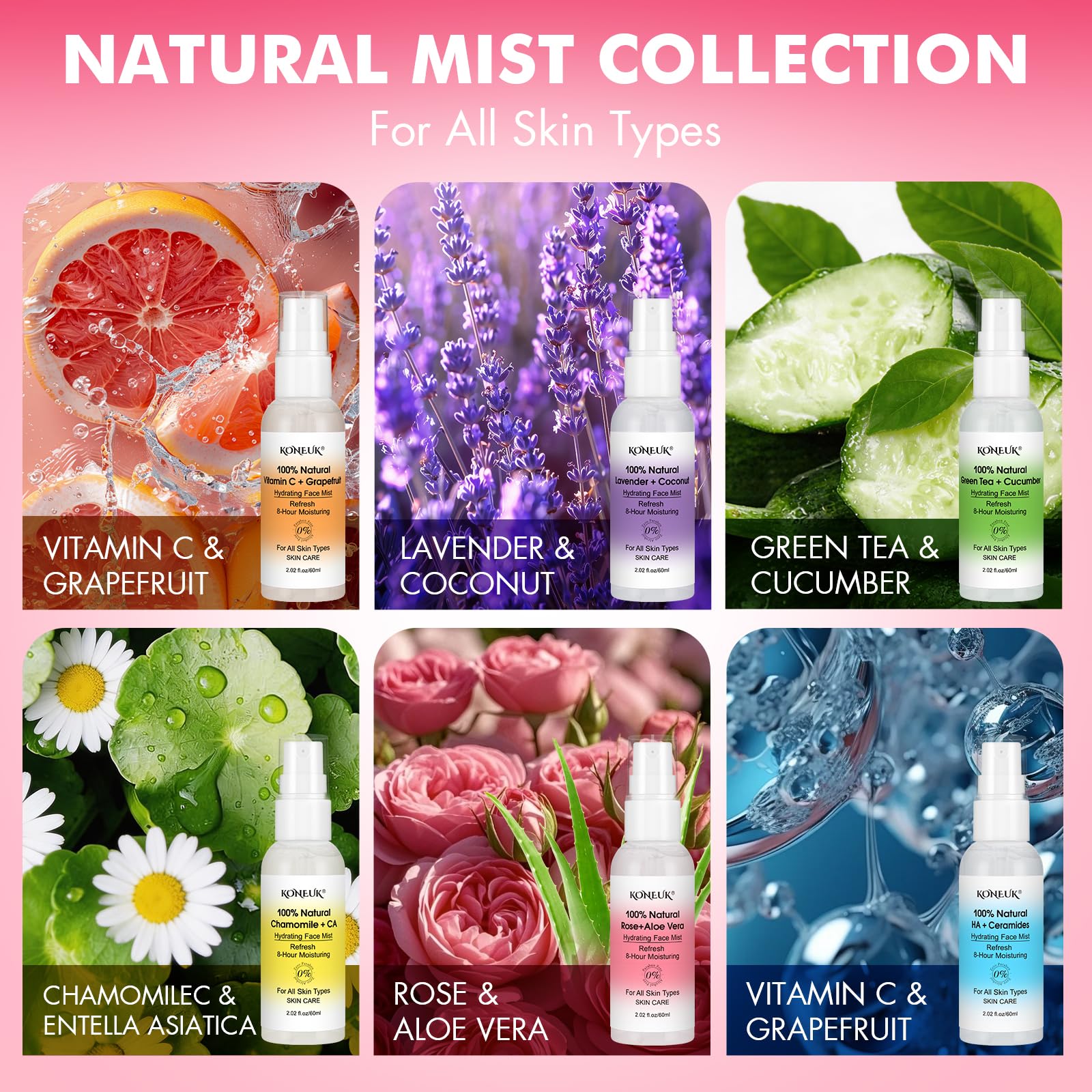 KONEUK Skincare Refreshing Face Mist Kit-Long Hydration and Soothing Facial Spray for Glowing Skin Care, Mini Face mist Gifts for Women, Mothers Day Gifts, Teacher Gifts, Trave Size2.02 fl oz 6 Pack