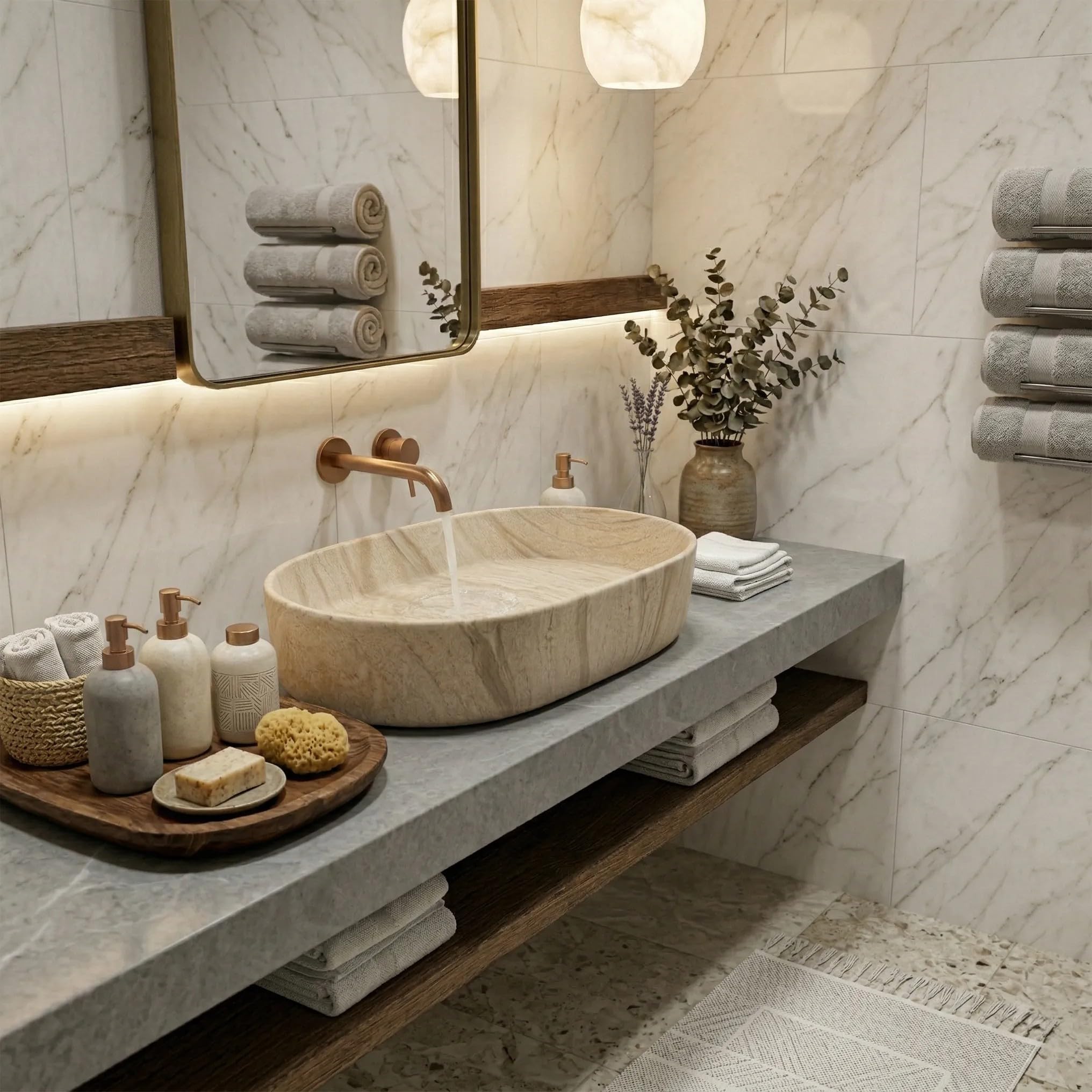 Rea - Lavabo sobre encimera Nadia 60 - Cerámica Sanitaria - Beige, Imitación De Piedra - 61x38,5x12 cm