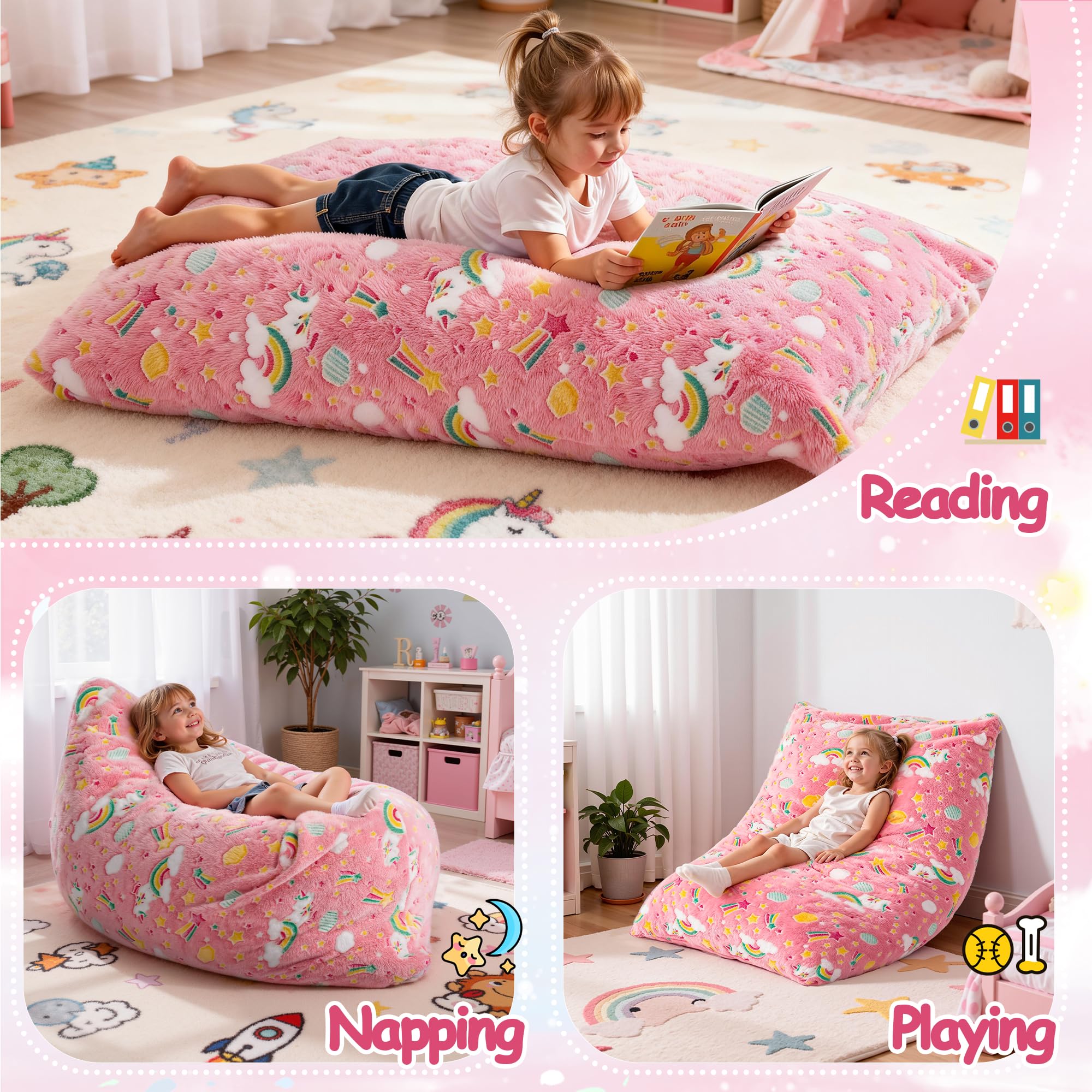 BRINJOY Sitzsack Kinder, 3-in-1 mit Memoryschaum-Füllung und abnehmbarem Bezug für Spielzimmer, Kinderbetreuung, Schlafzimmer, Faule Bodenmatte-Liege für Jungen und Mädchen