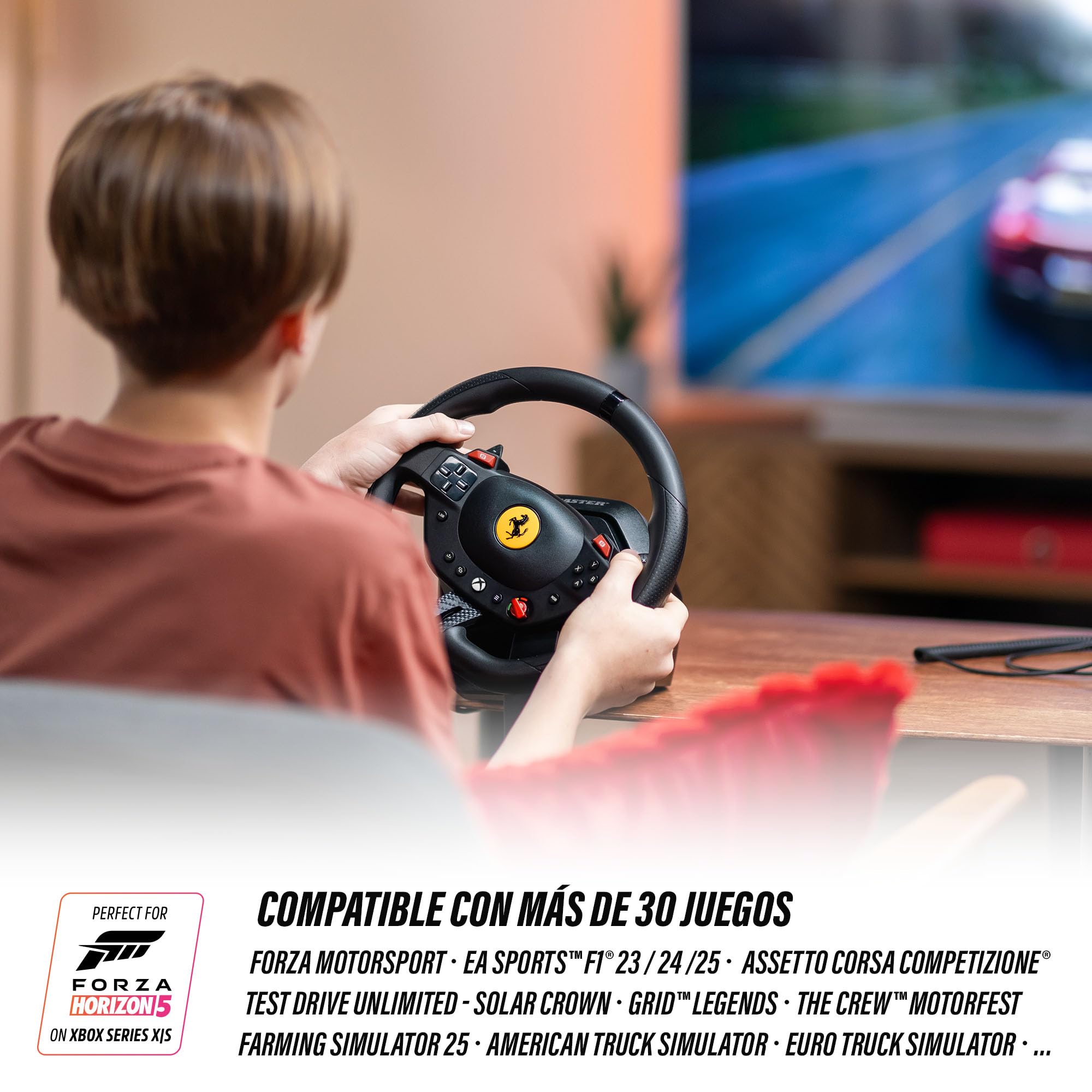 Thrustmaster T98 Ferrari 296 GTS - Volante de Carreras para Xbox Series X|S y PC (Réplica Oficial 1:1, Sistema Bungee Cord de Resistencia Lineal, Incluye 2 Pedales) Negro