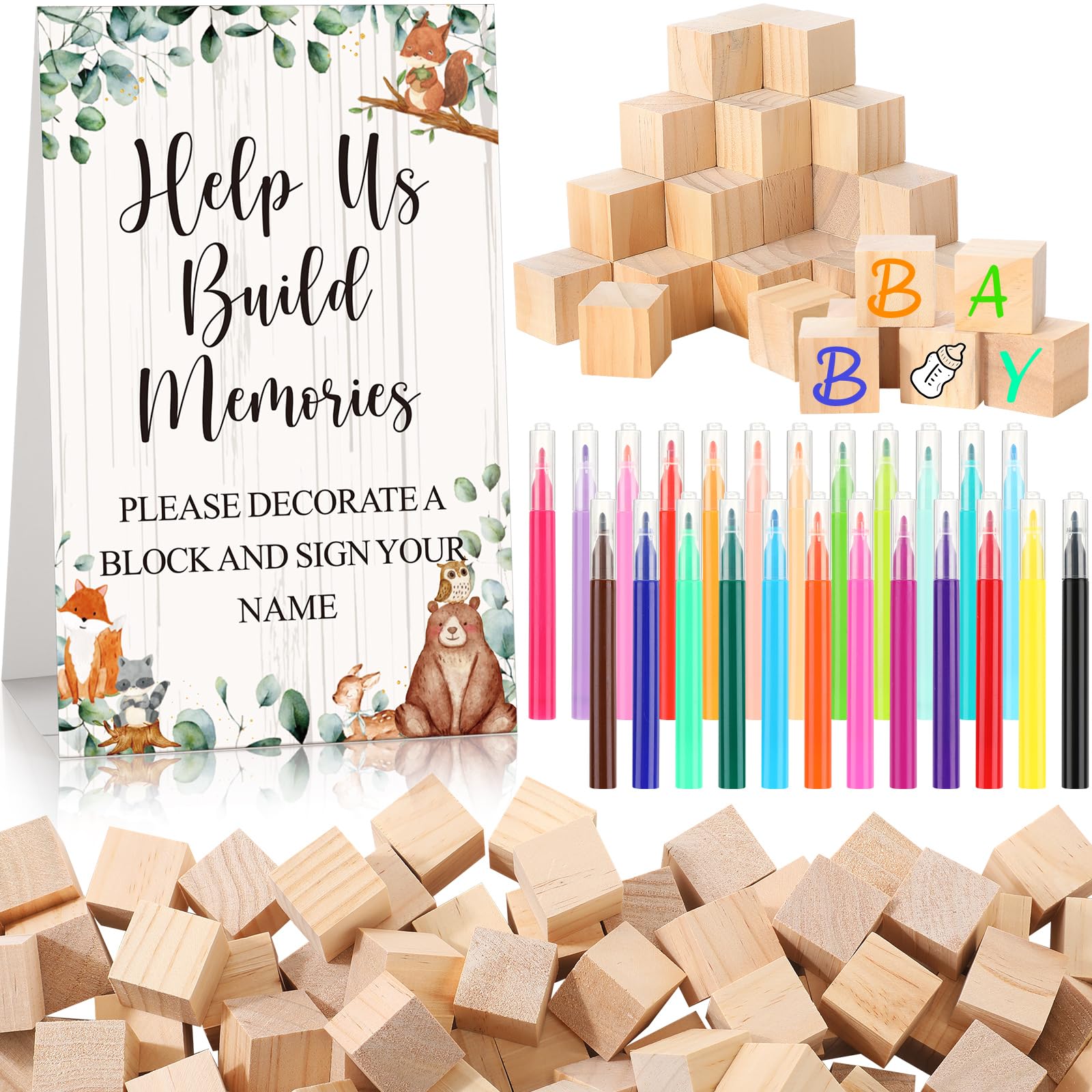 Dinifee 125 Pcs Baby Shower Decorate a Block Game Set Includes Help Us Build Memories Sign 100 DIY Blank Wooden Block 24 Paint Marker Prize for