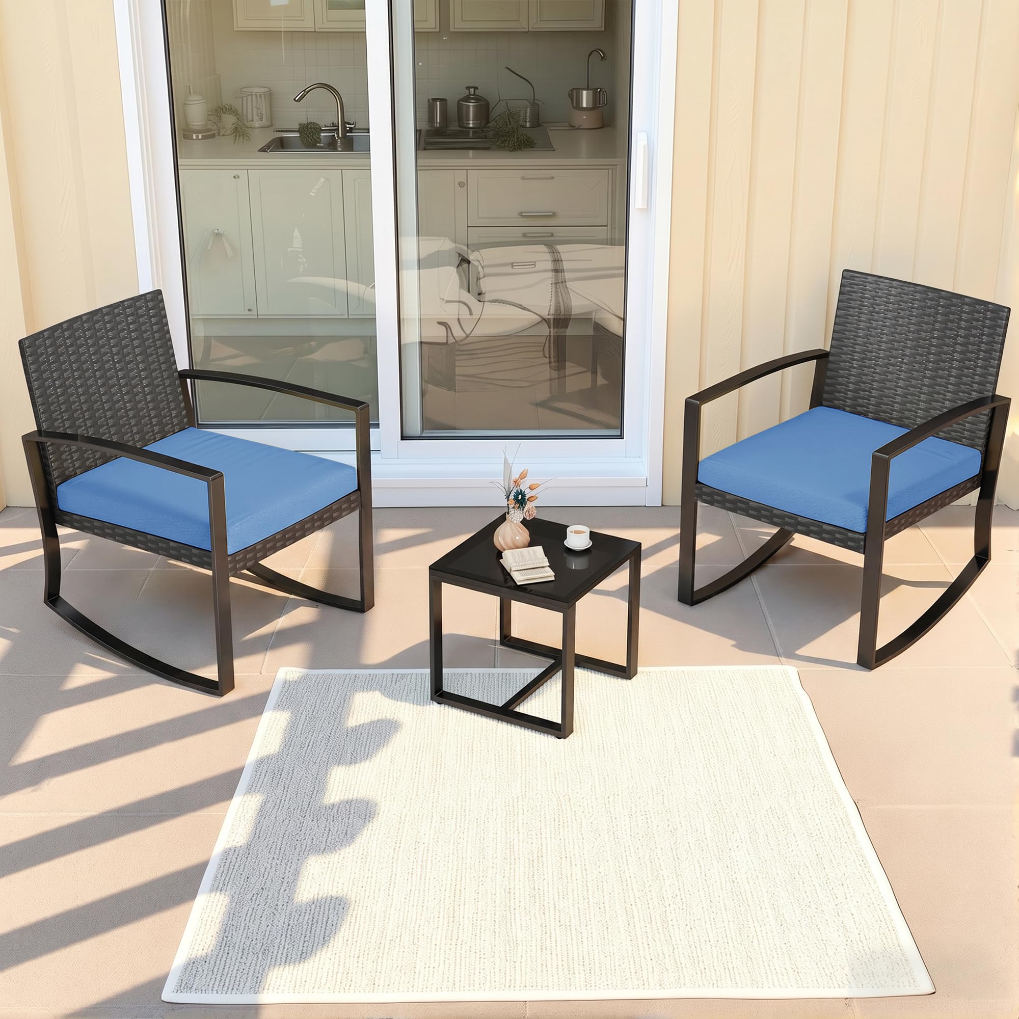 Set di Mobili da Balcone,Set Tavolino e Sedie da Giardino,Set di Mobili da Giardino in Rattan,2 Sedie da Esterno e 1 Tavolino,per Giardino Cortile Piscina (Blu)