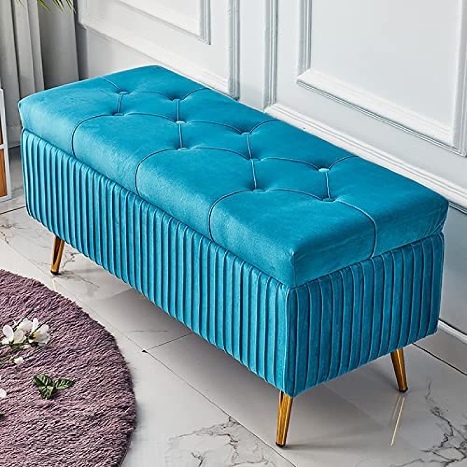 Banc d'extrémité de lit en velours bleu 100 cm meuble de rangement salon moderne