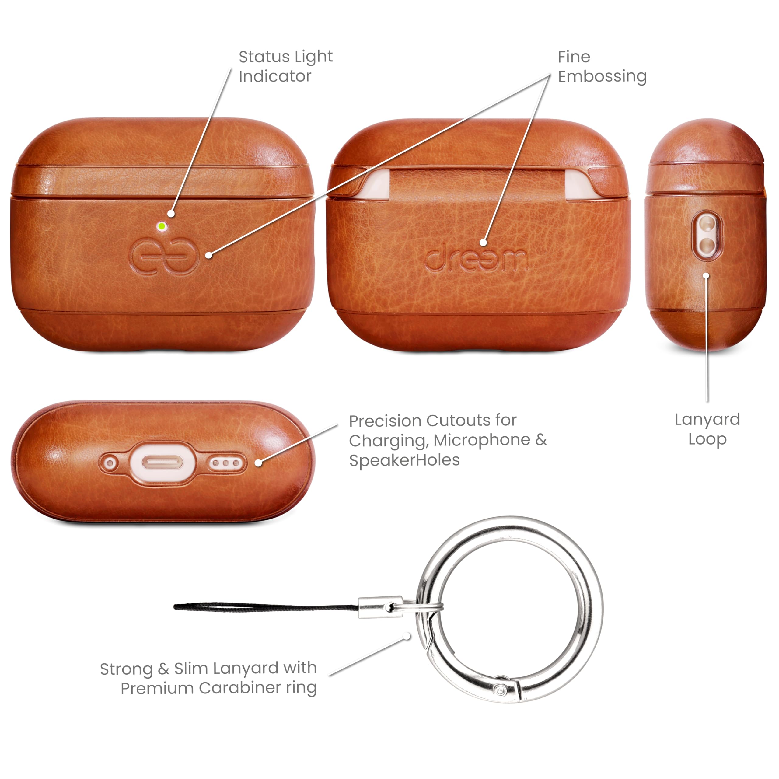 Coque Dreem en Cuir véritable pour AirPods Pro 3, Mousqueton Porte-clés, Coque Rigide de Protection en Plastique Dur + Cuir Premium, Compatible avec MagSafe, Effet Reveal Motion [Om:Caramel] - 5