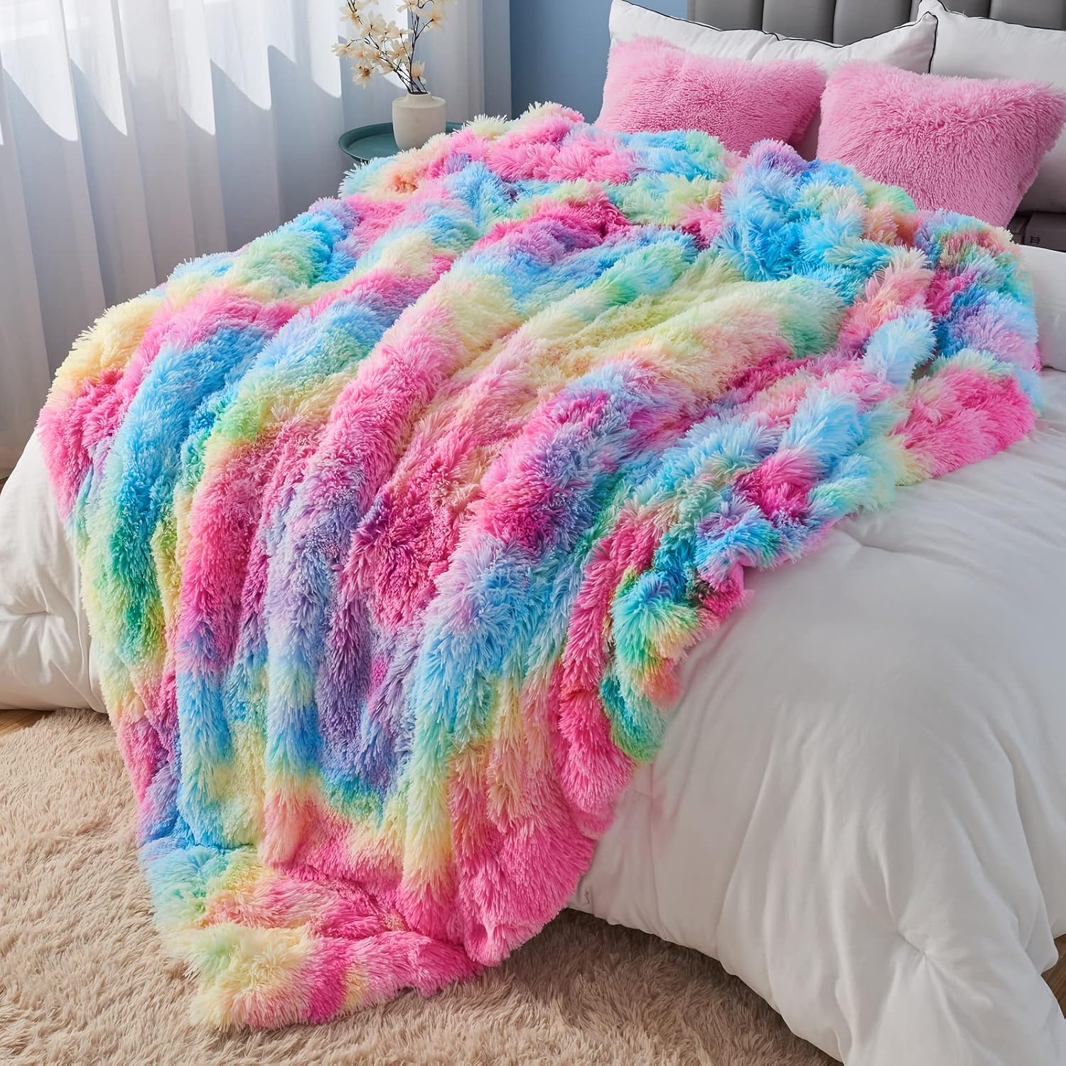 GONAAP Fuzzy Faux Fur Throw Blanket Dark Rainbow Super Soft Cozy Plush Fuzzy Shaggy Blanket for Couch Sofa Bed (Dark Rainbow, Throw(50"x60")) - Image 3