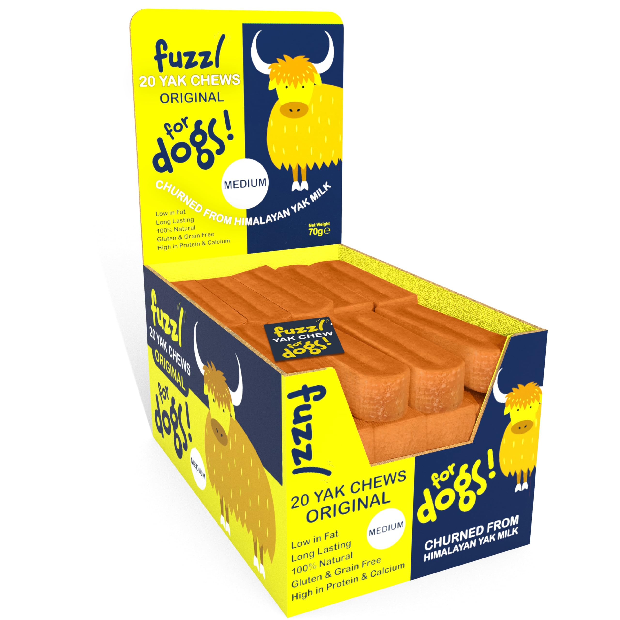 Fuzzl Himalayan Yak Chews for Dogs - 20 Medium Bars Original Box - Natural Dog Treats With Yak Milk - No Hide Dog Food, Long Lasting Dental Sticks