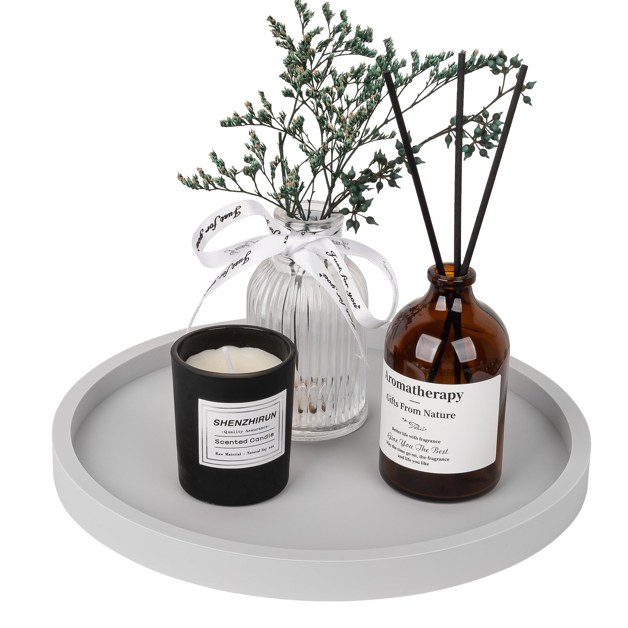 Silicone Bathroom Tray Round Vanity Tray Decorative Soap Holder Kitchen Countertop Organizer Coffee Table Decor for Candle, Perfume, Plant, 9 Inch, Light Grey