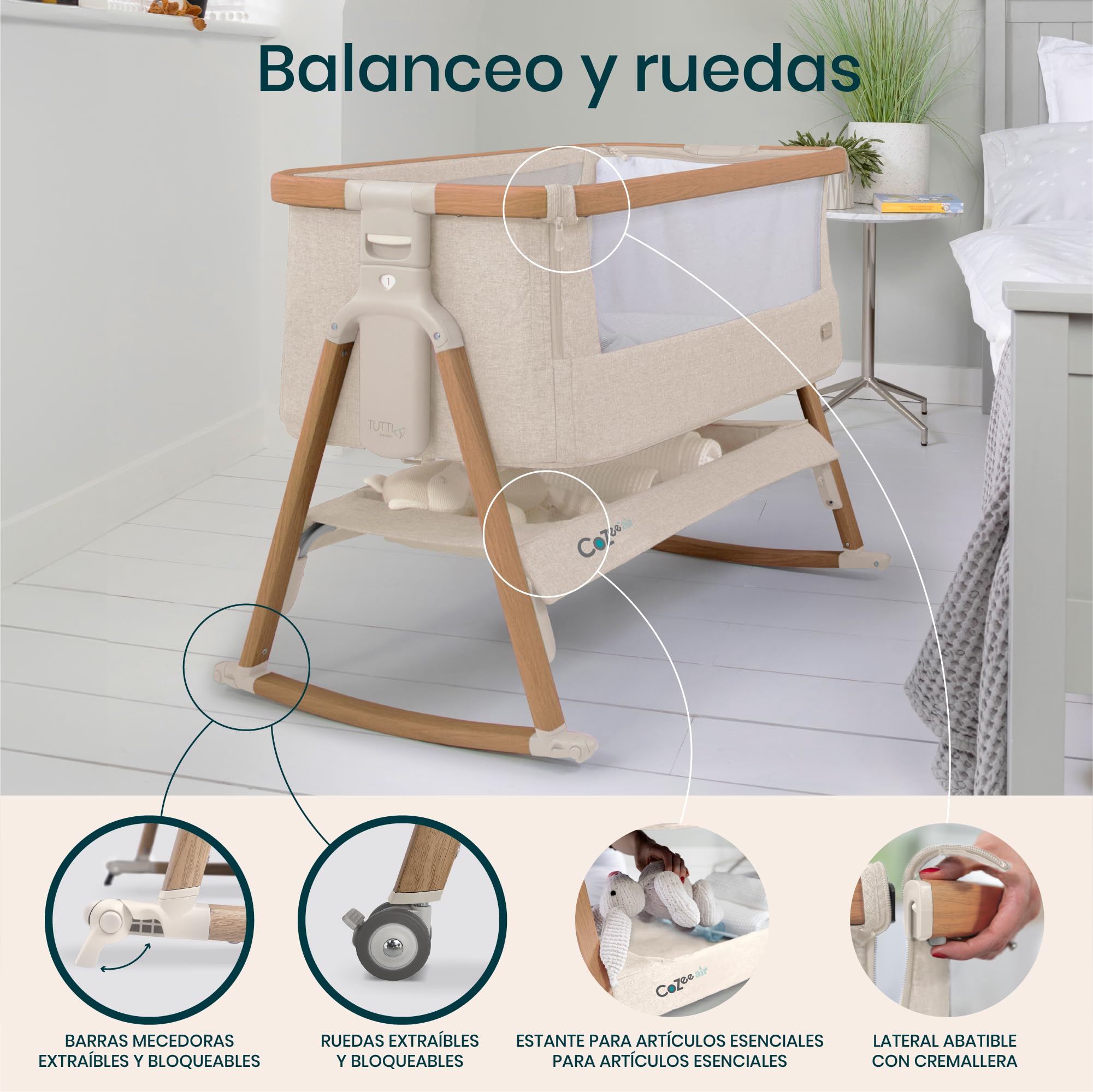 Tutti Bambini CoZee® Air Moisés y Cuna Colecho Bebé - Cama Colecho Bebé - Plegado Rápido - Bolsa de Transporte - Colchón Deluxe Transpirable con 6 Alturas - 0-6 Meses (Nogal y Crudo)