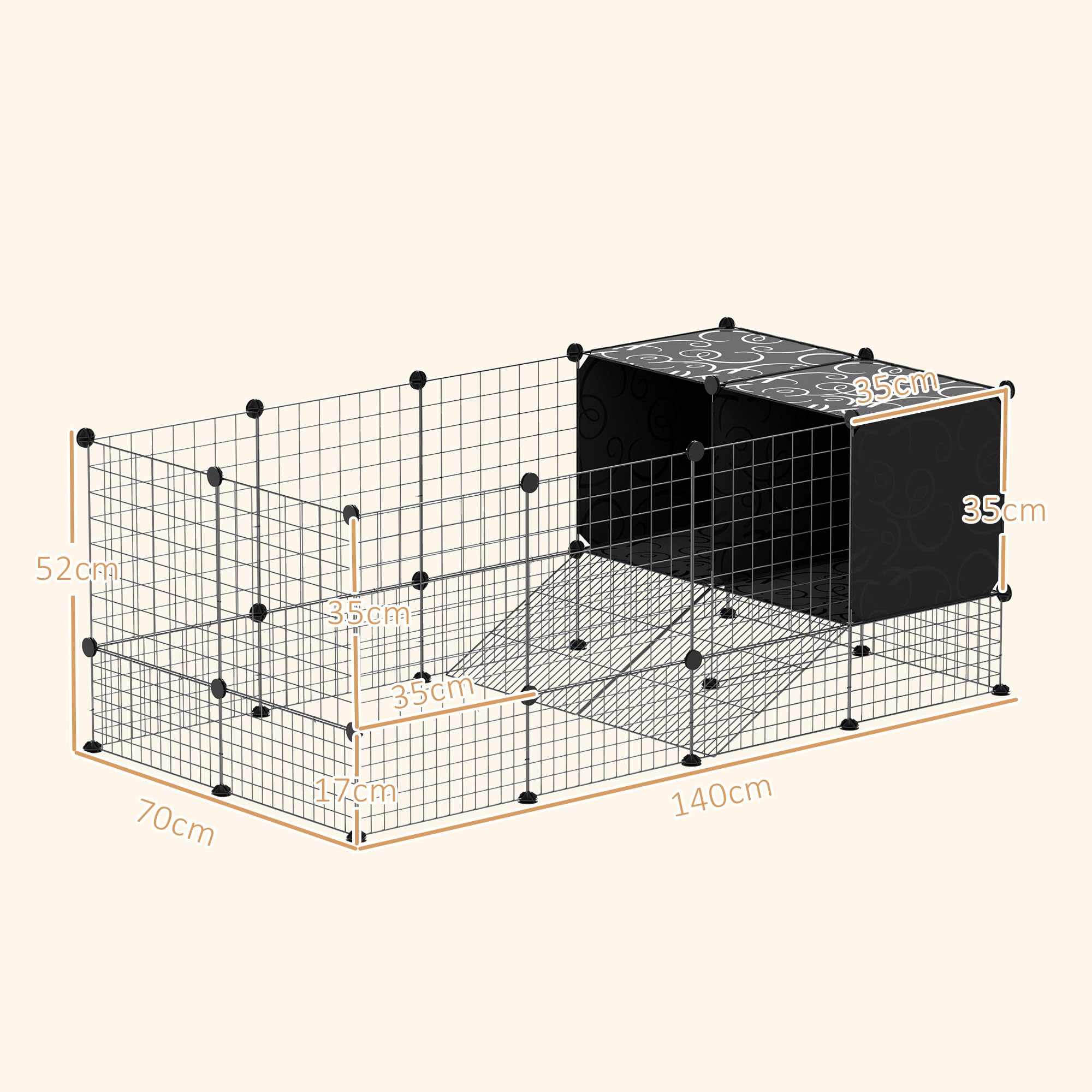 PawHut Gabbia per Animali Piccoli Modulabile con 2 Casette Rialzate, Recinto per Conigli, Porcellini d'India e Ricci da interno con 31 Pannelli, Nero