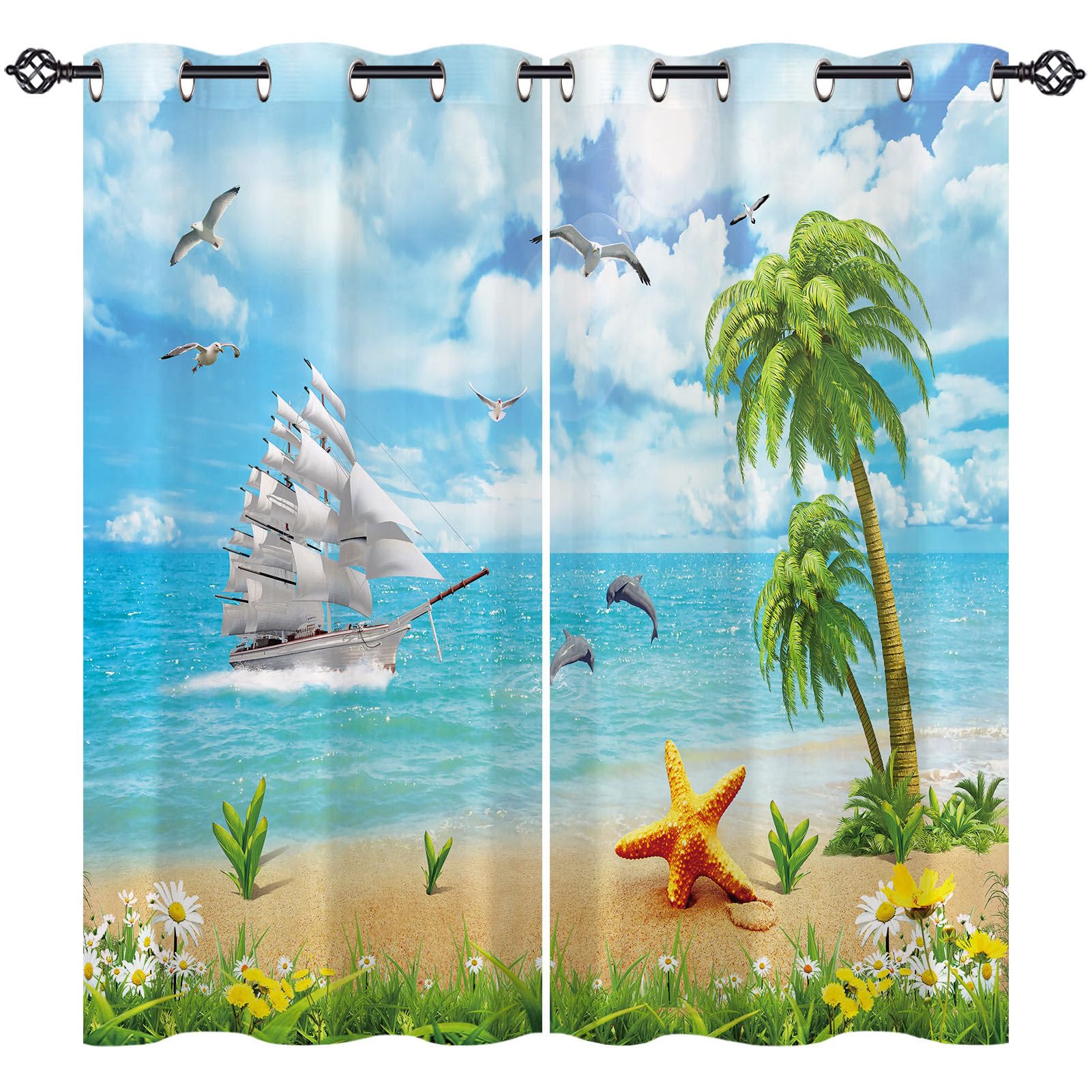 ANHOPE Custom Blackout Curtains Customized Size Eyelet or Rod Pocket Curtains Ocean Beach Sailboat Seagull Dolphin Print Pattern Personalized Thermal Insulated Drapes for Bedroom Living Room 2 Panels โ image 1