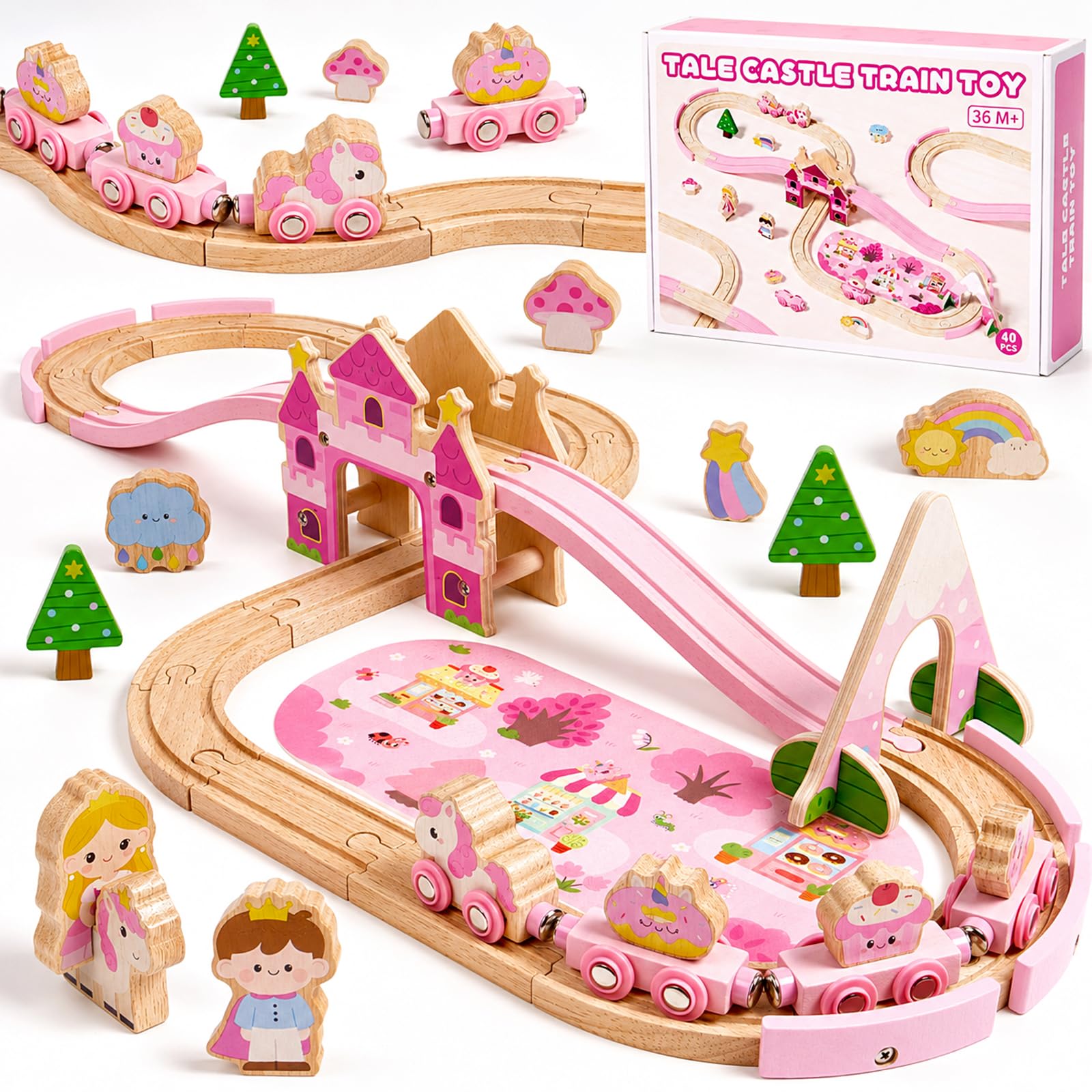 Gleamkid Castle Wooden Train Set for Girls Boys,41 PCS Train Track
