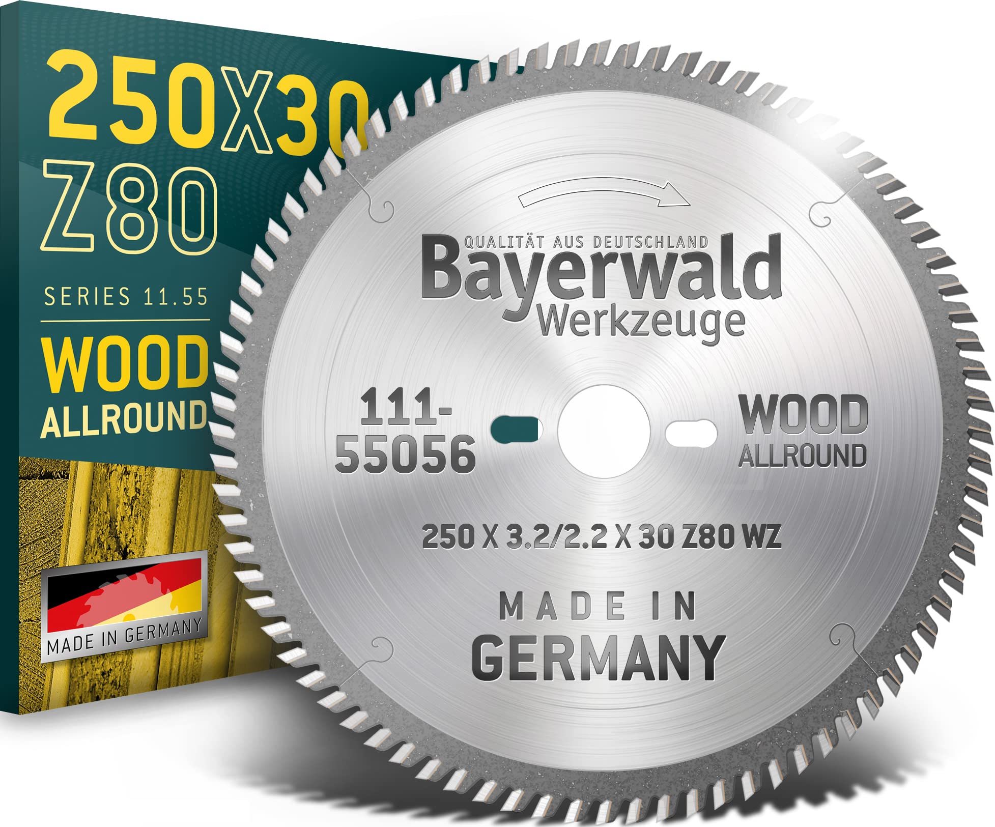 Bayerwald - Brzeszczot do piły tarczowej HM - Ø 250 x 3,2 x 30 mm - Z=80 VW - Seria 11,55 - Zęby tłokowe do przekrojów wzdłużnych i poprzecznych w drewnie/materiałach drewnopochodnych