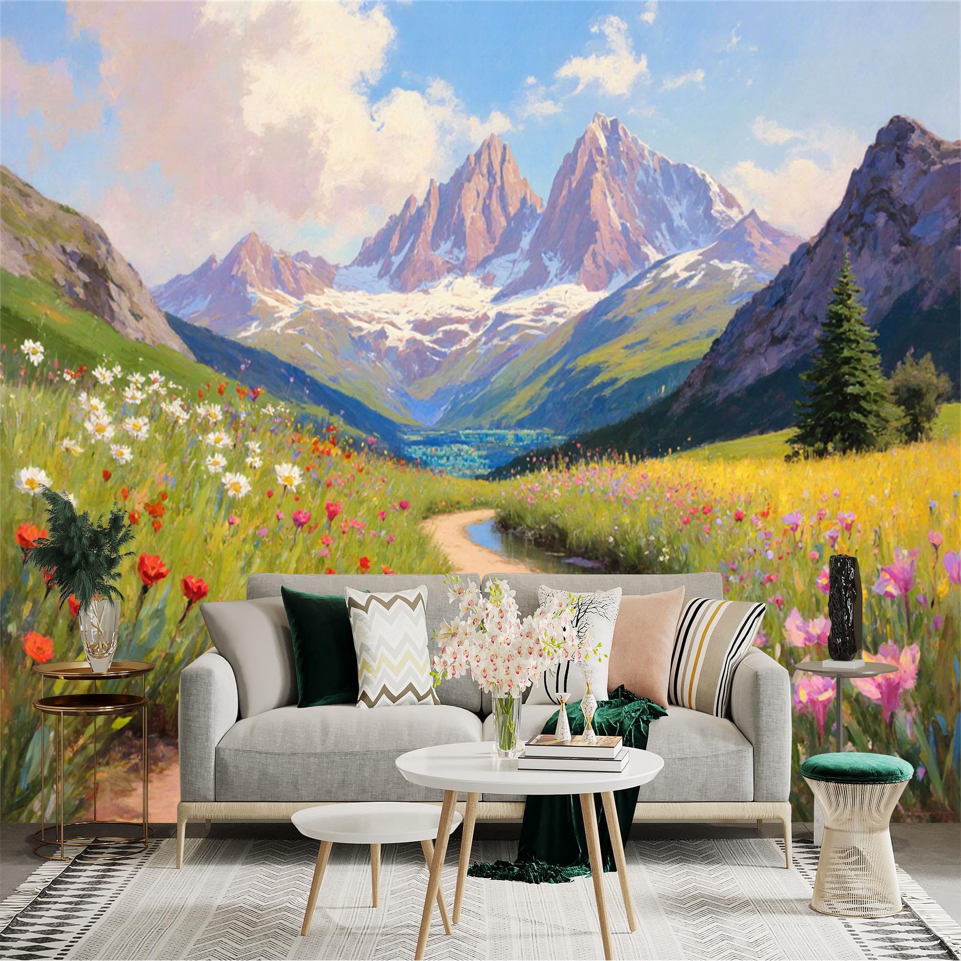 Custom Size Wall Sticker Mural， Scenic Mountain Landscape with Vibrant Wildflowers， Flowing Creek and Snowy Peaks， for wall Decoration， peelandstick wall Decals.