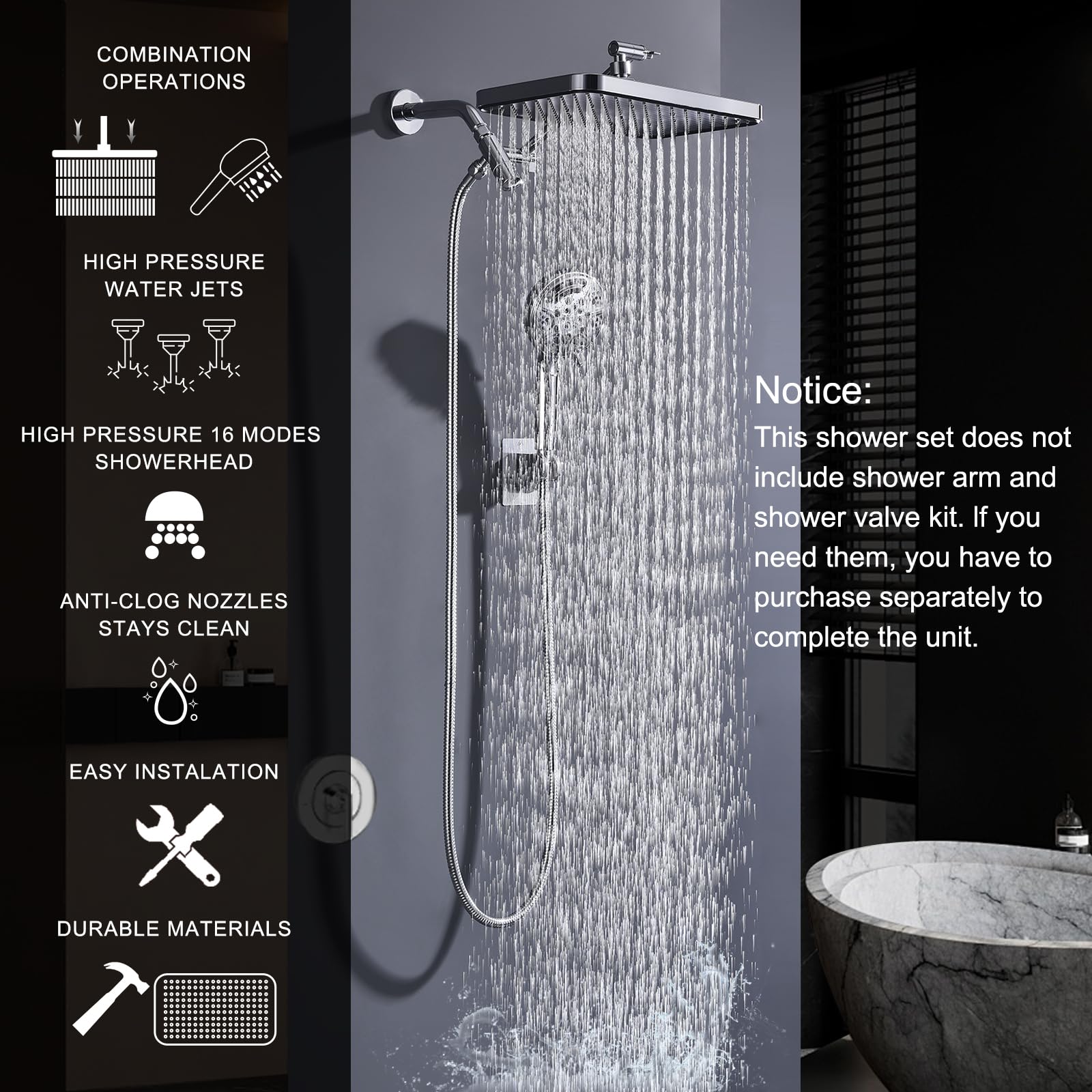 Cabezal de ducha de lluvia de alta presión con mano | Cabezales de ducha dobles de lluvia de 14 pulgadas con ducha de mano de 9 pulverizaciones, lavado a presión y rociador de cascada con