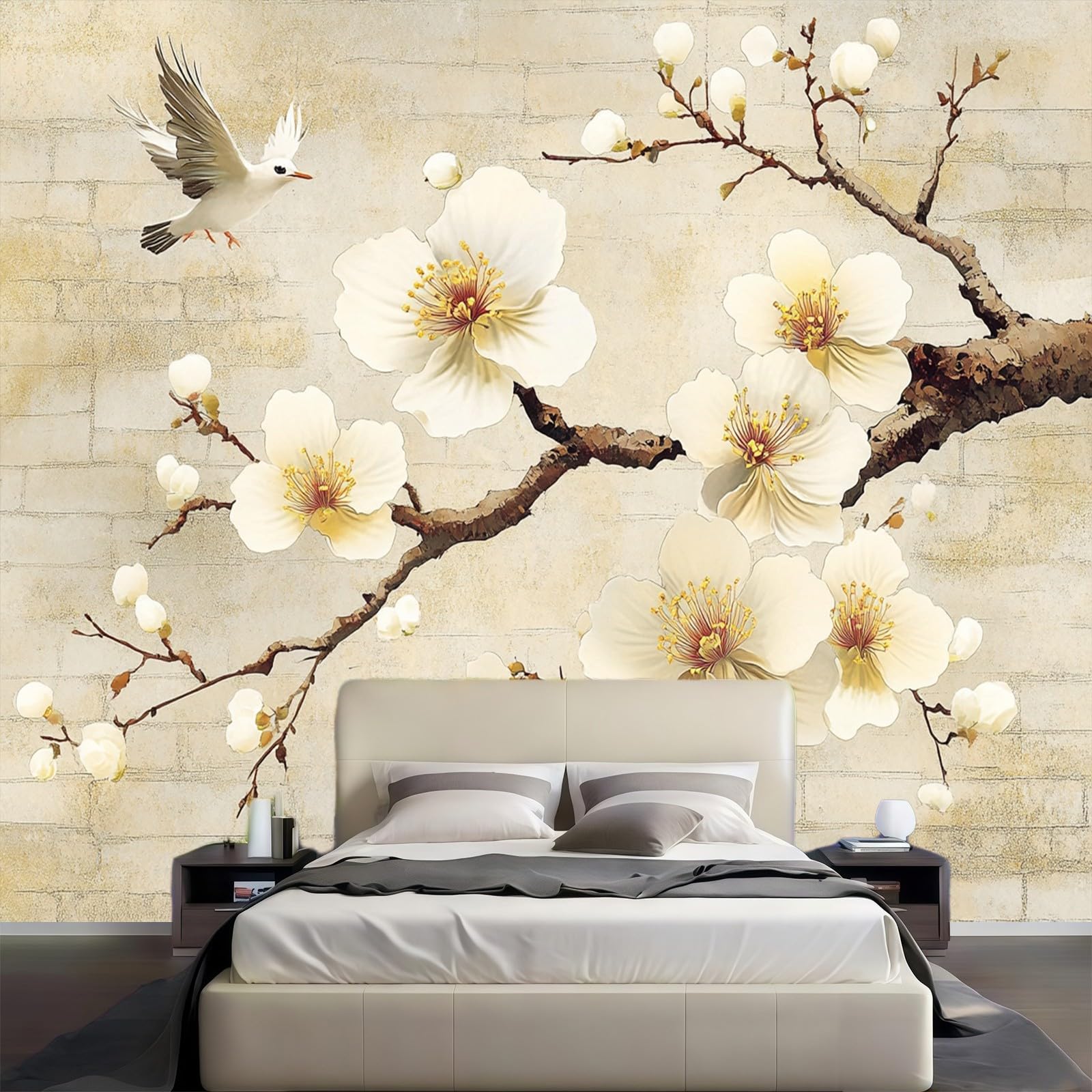 Carta da Parati Fiori astratti su muro di mattoni300 x 210 cm Fotomurale TNT Beige chiaro Decorazione Parete Moderna per Soggiorno Camera da Letto