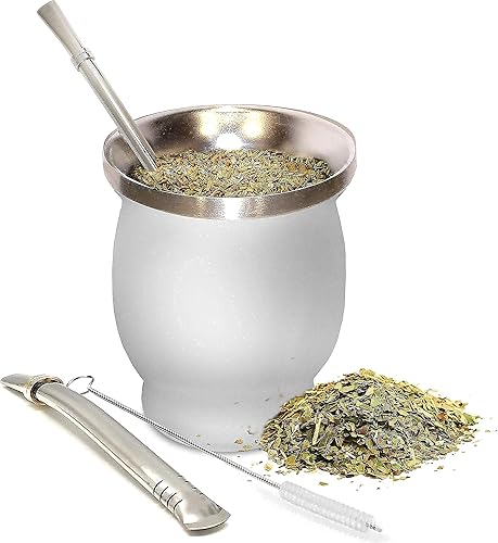 Miniatura 3 de Norte White & Green Yerba Mate - Juego de tazas de té y calabaza natural (taza mate tradicional original, 8 onzas), incluye bombillas (pajitas de