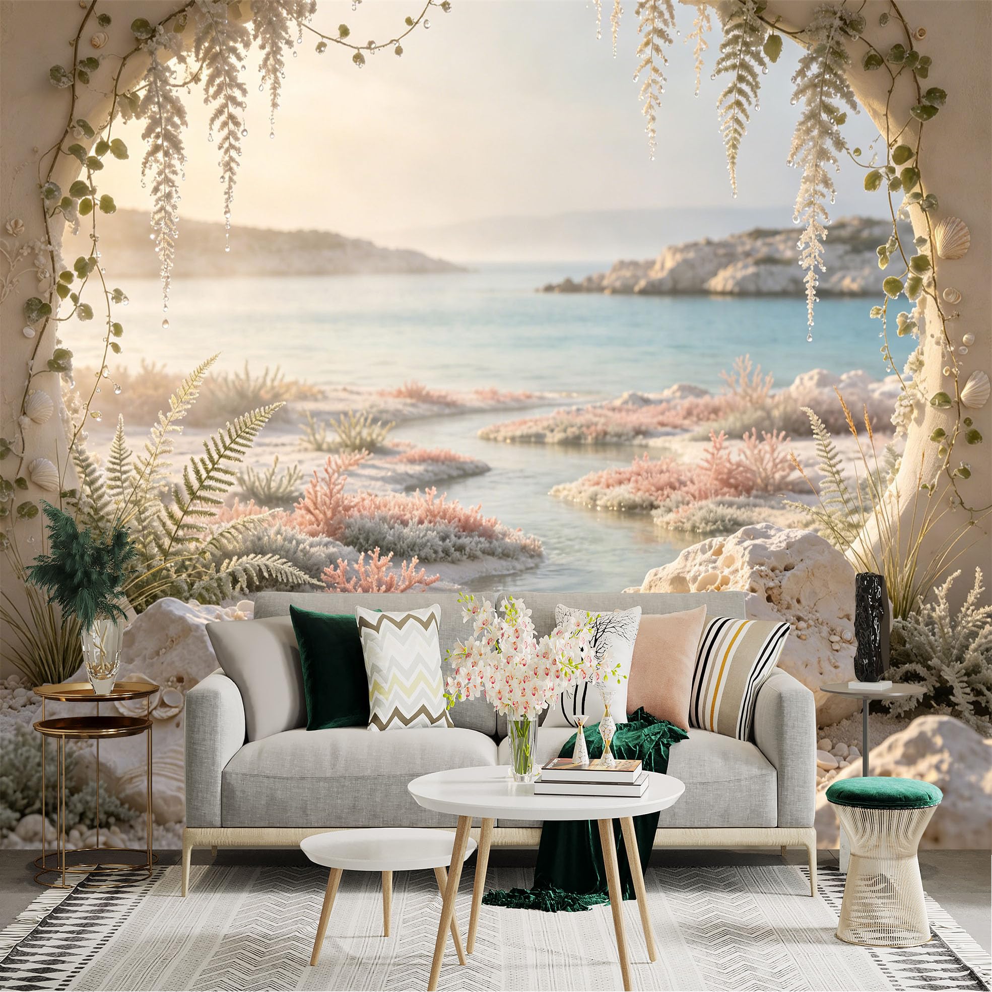 Custom Size Wall Sticker Mural， Coastal Beach with Seashells， Coral and Ocean View， for wall Decoration， peelandstick wall Decals.