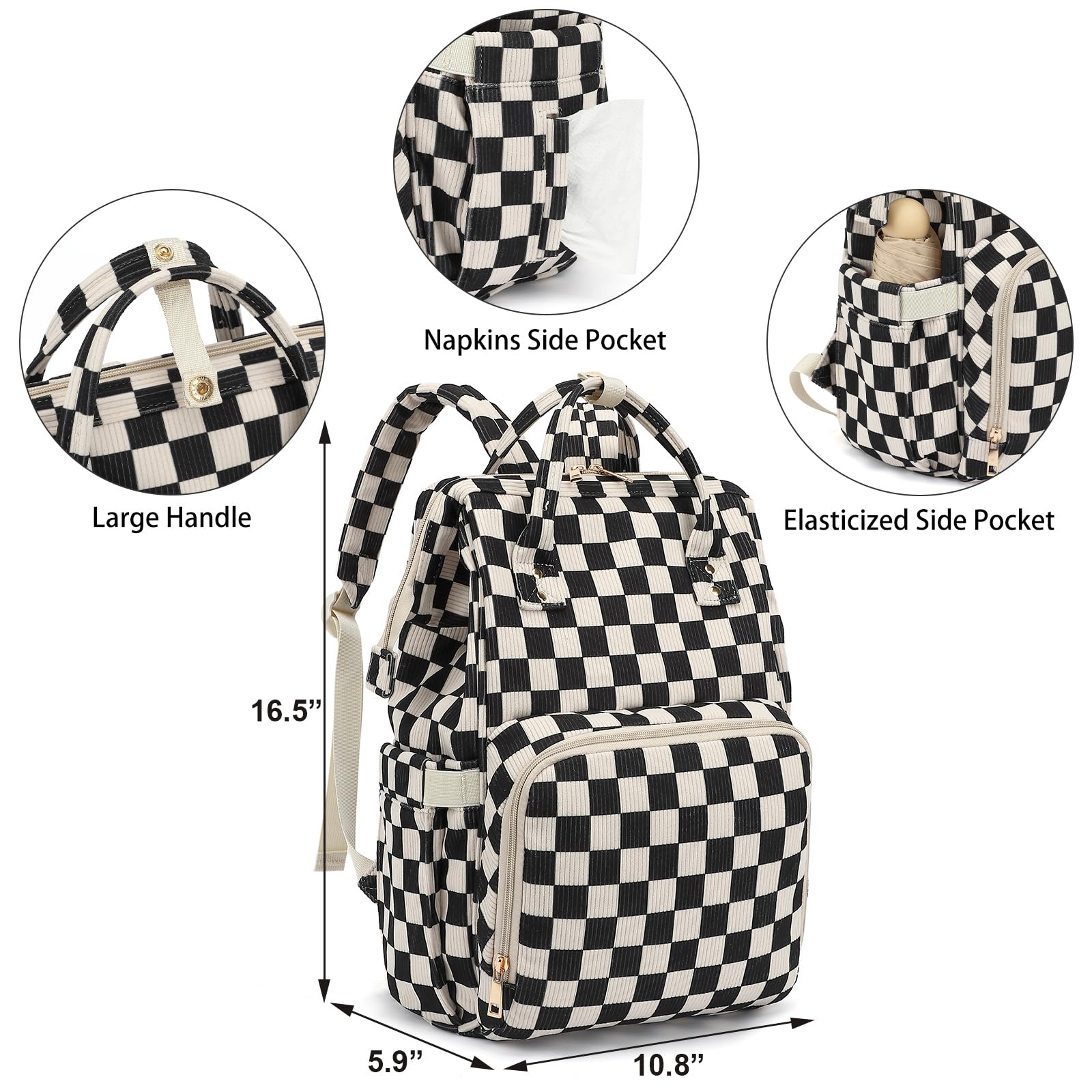 Zaino fasciatoio per mamma, grande capacità, da viaggio, per bambini e bambine, con cinghie per passeggino, velluto a coste, a quadretti, nero, L, Casual