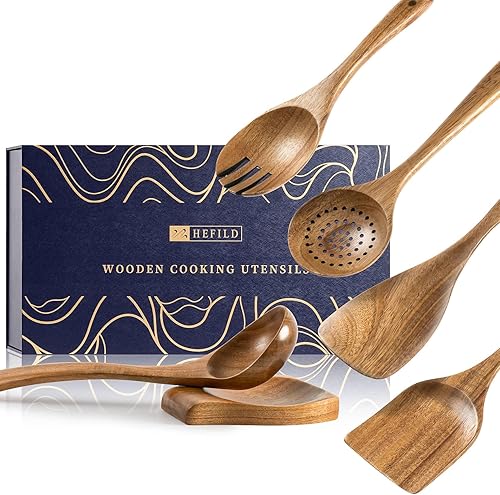 Miniatura 8 de cucharas de madera para cocinar, juego de utensilios de cocina antiadherentes con 6 piezas de espátulas y cucharas de madera de acacia para cocinar,