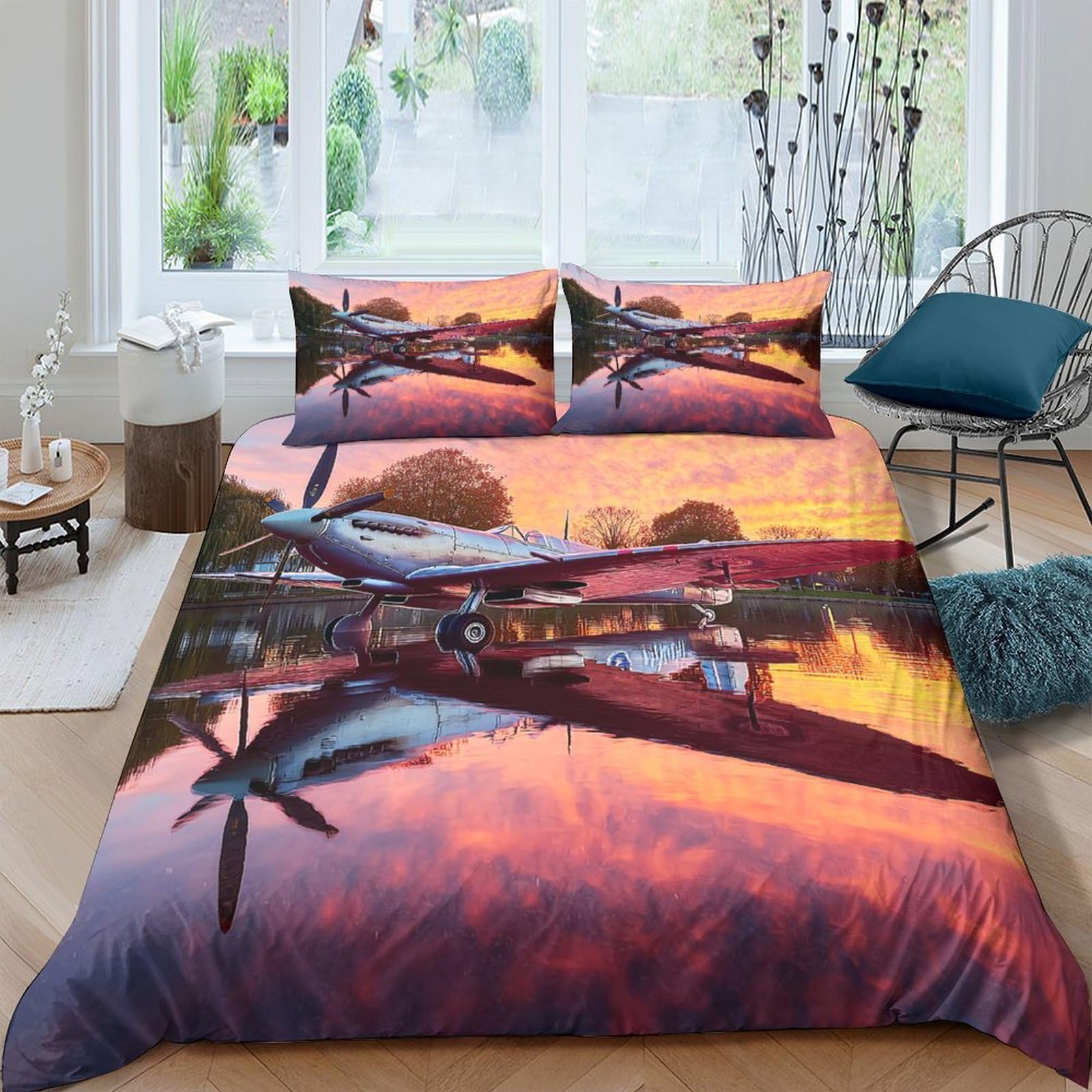 Ctjqhvkz Style-3 3D Printed Sunset Lake Fitted Sheet Microfiber Soft Orange Windmill Bed Cover For Bedroom Guest Room Decor Single（135X200cm）