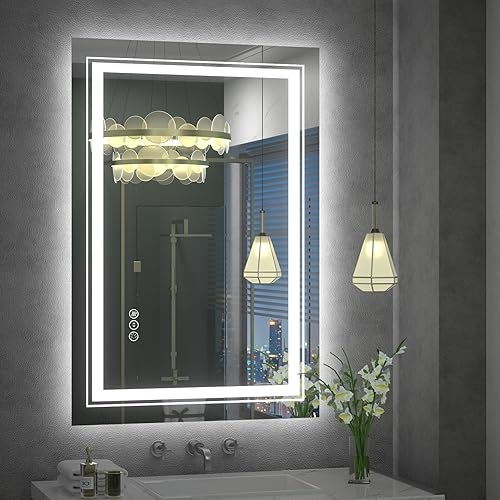 VANLIO Espejo de baño de 24 x 36 pulgadas con luces, espejo de tocador de baño LED, retroiluminado y frontal iluminado para pared, regulable,