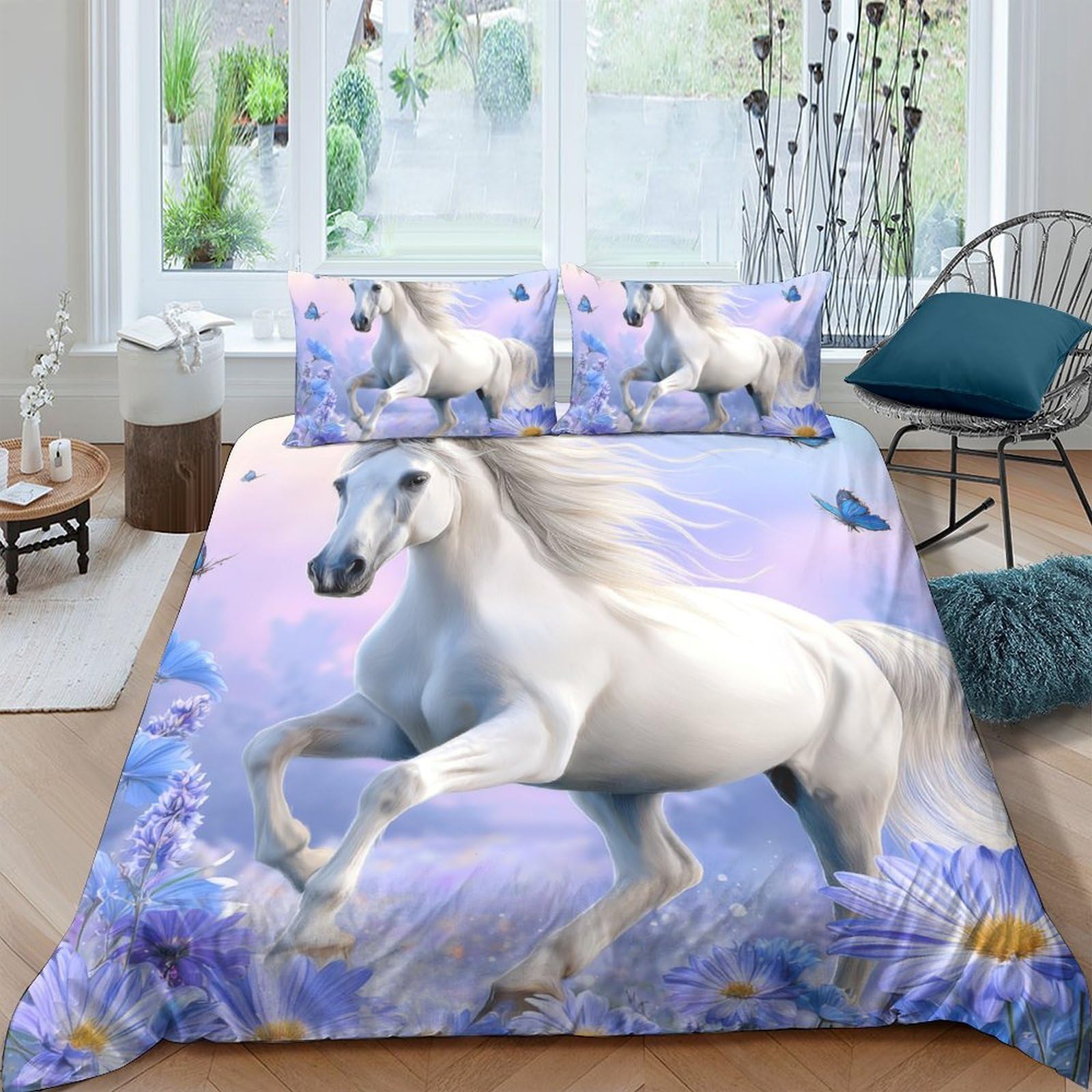 GPLZQXKJNH 3D Printed White Horse Fantasy Duvet Cover Microfiber Soft Pastel Cloud Bedding Set with 2 Pillowcases for Bedroom Single（135x200cm）