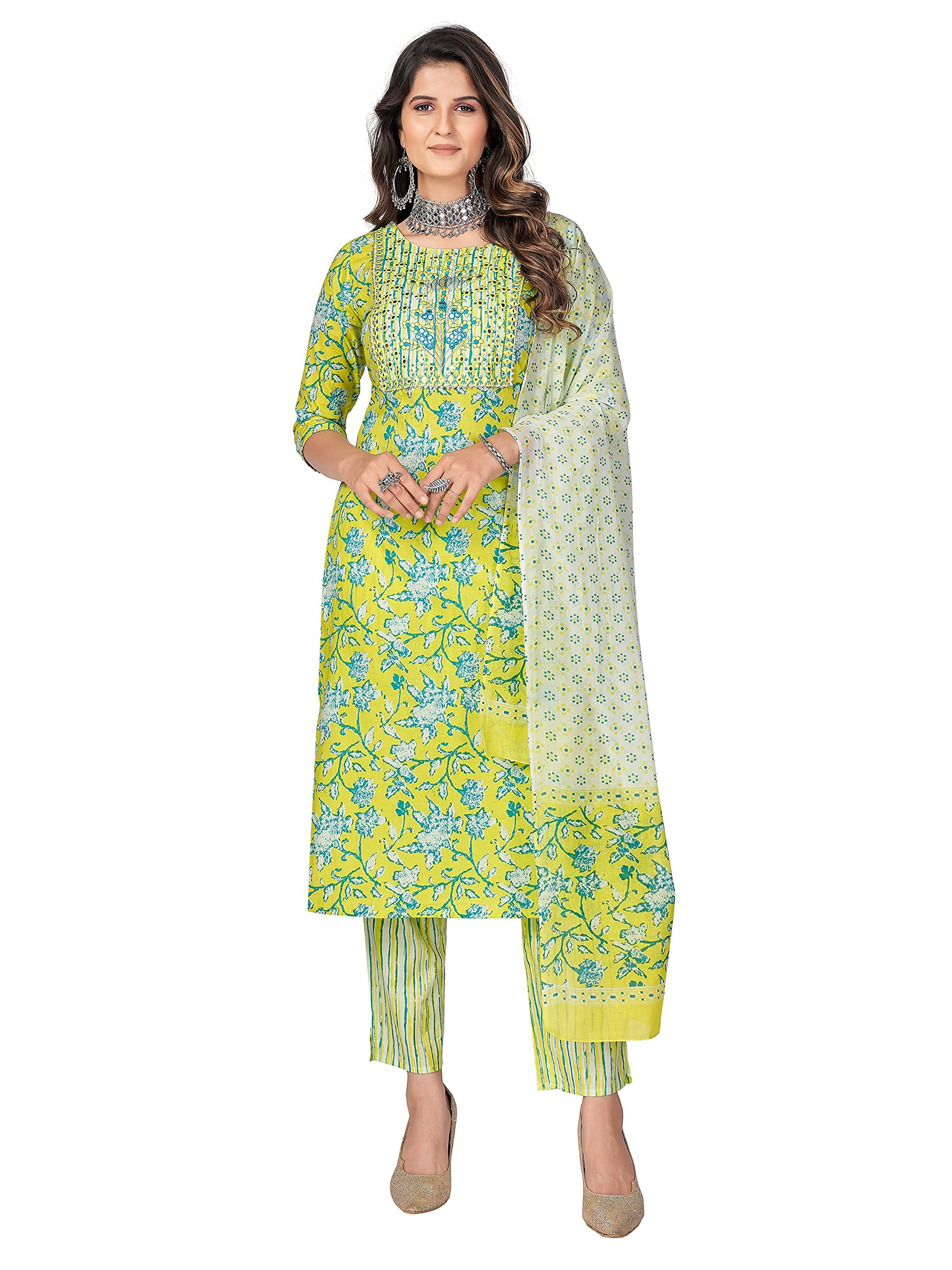 VbuyzWomen's Cotton Embroidered Mirror Work Stitched Straight Lime Green Stylish Kurti/Kurta Set with Pant & Dupatta for Regular Use & Party Wedding, 3XL (VF-KU-1049-SKD-46)