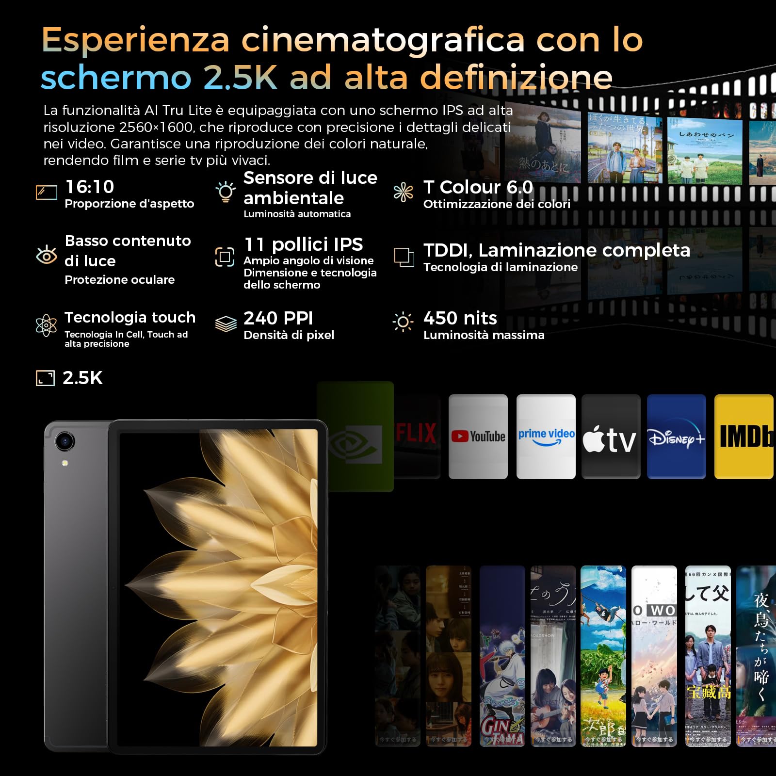 RebotAi Tablet 11 Pollici Android 15, MediaTek Helio G100,(6+14) GB RAM +128GB ROM/Espansione della scheda TF da 1 TB, 8200mAh,2560x1600 IPS,Widevine L1/GPS/BT5.2/WIFI 5G /Face Unlock-2025