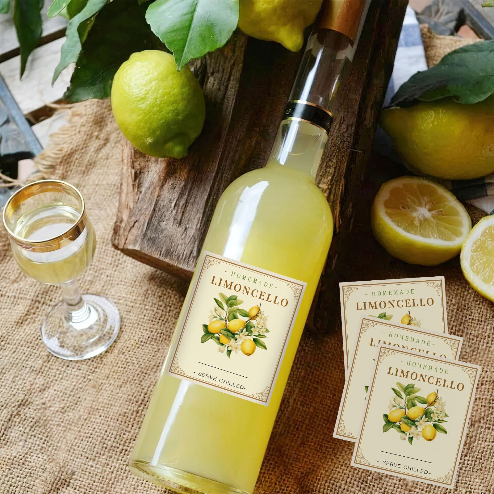 Limoncello - Etiquetas para botellas de limoncello caseras, 20 unidades, calcomanías de etiquetas de botellas de vidrio Limoncello, 2.5 x 3 pulgadas, elegantes calcomanías de vino de limón para bodas