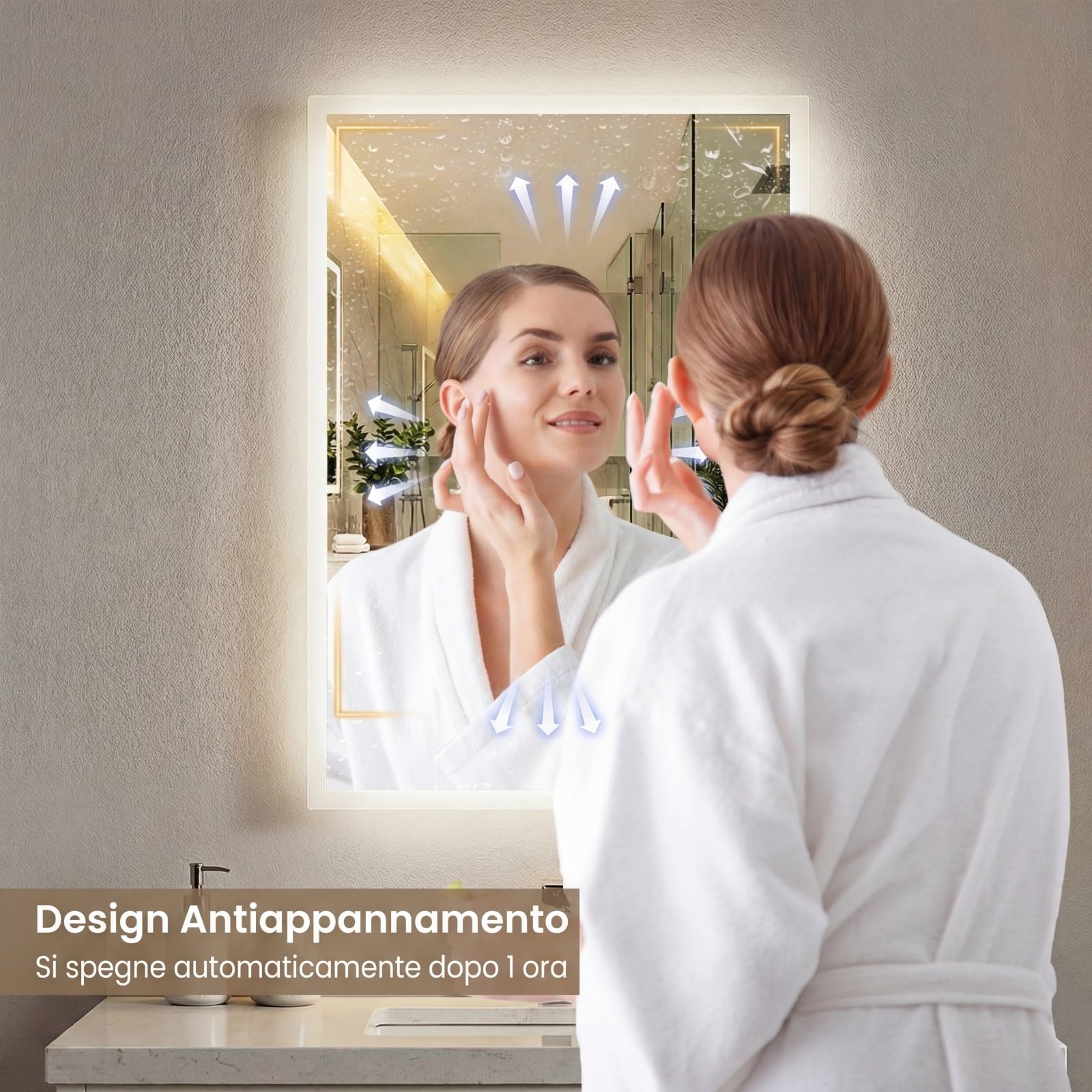 COSTWAY Specchio da Bagno LED 70 x 50 cm, Specchio da Parete Rettangolare con Anti-appannamento, Memoria, 3 Colori di Luce, Dimmerazione Continua e Vetro Temperato Infrangibile (70 x 50 x 3 cm)