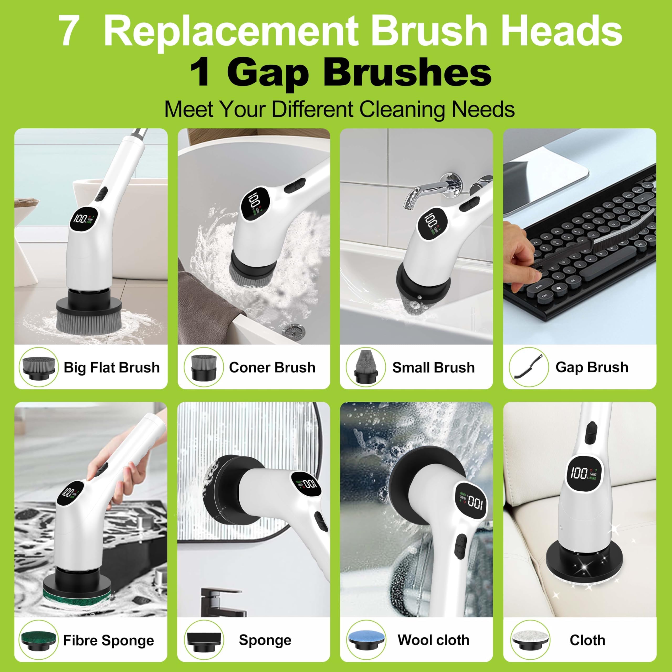 WKY - Brosse de douche électrique sans fil 10 en 1 avec poignée extensible, couple ultra élevé de 4,75 N·m, 2 vitesses, IPX7, écran LED, puce intelligente AI, pour salle de bain, cuisine