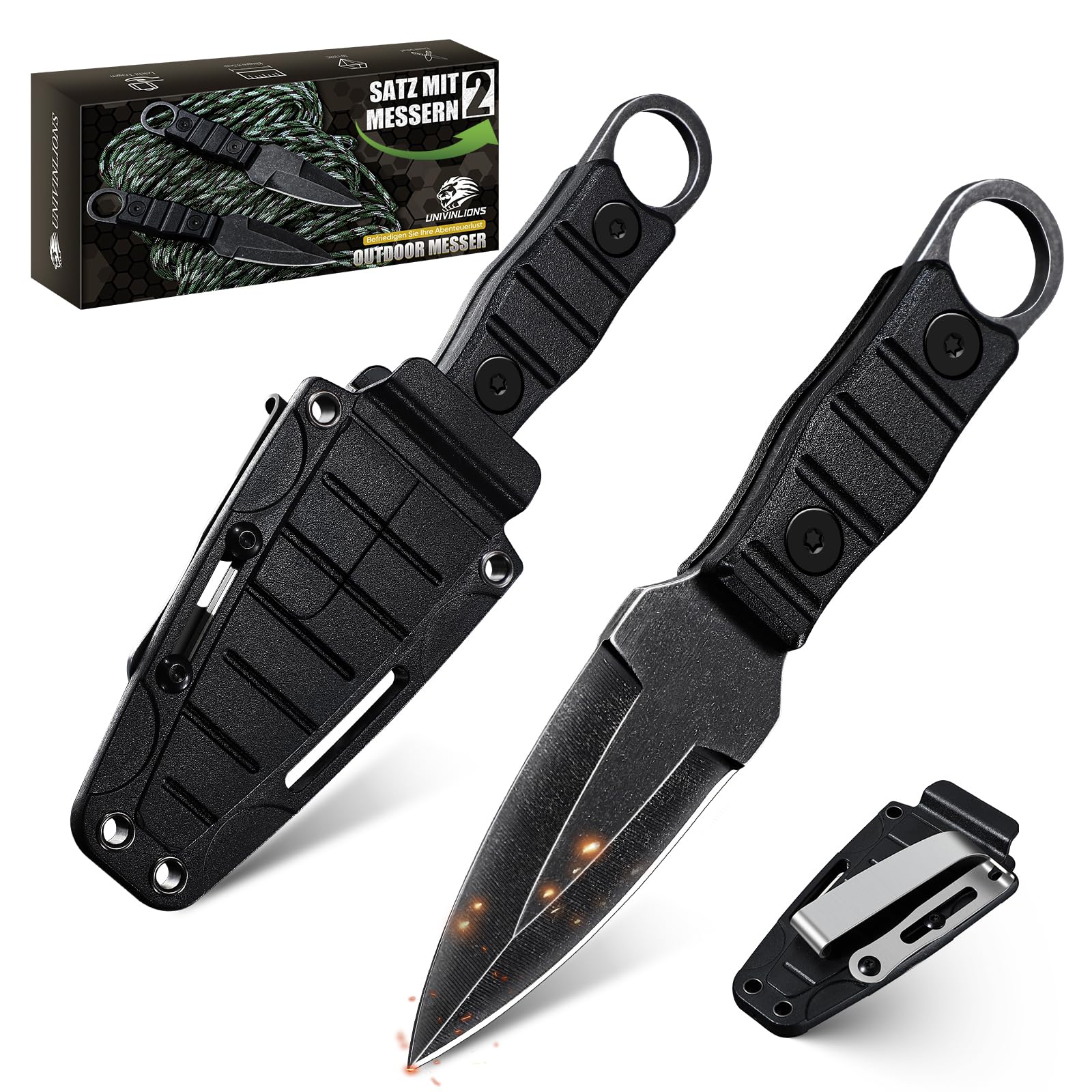 Klein Zweier-Pack Survival Messer,Messer Outdoor,Full Tang Jagdmesser Feststehende Klinge aus Edelstahl, Bushcraft Messer mit Kydex Scheide,Geschenk für Männer