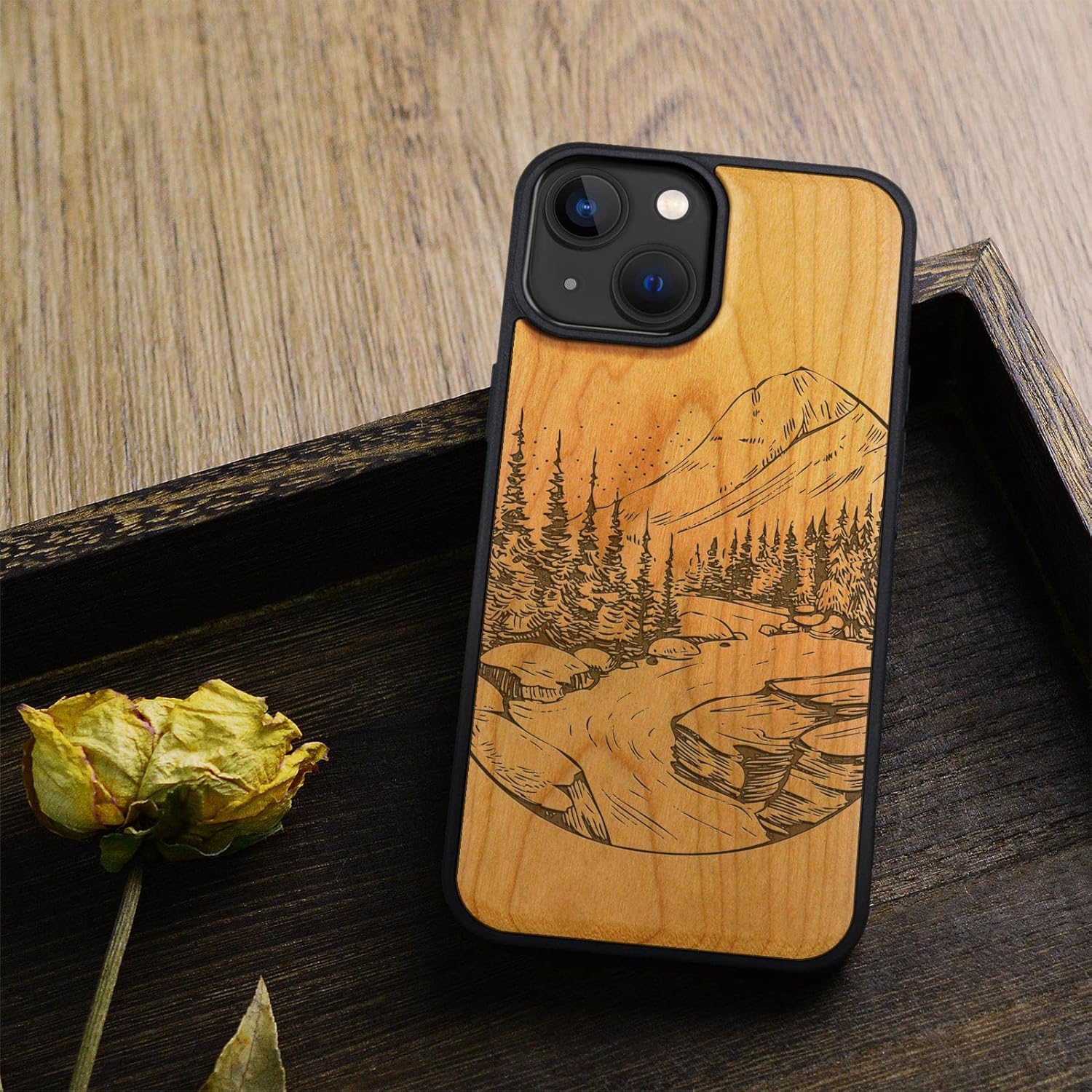 Carveit Magnetic Wood Case for iPhone 14 Case [Natural Wood & Black Soft TPU] Unique & Classy Wooden Shockproof Protective Cover Compatible with magsafe (Natural Landscape -Cherry)