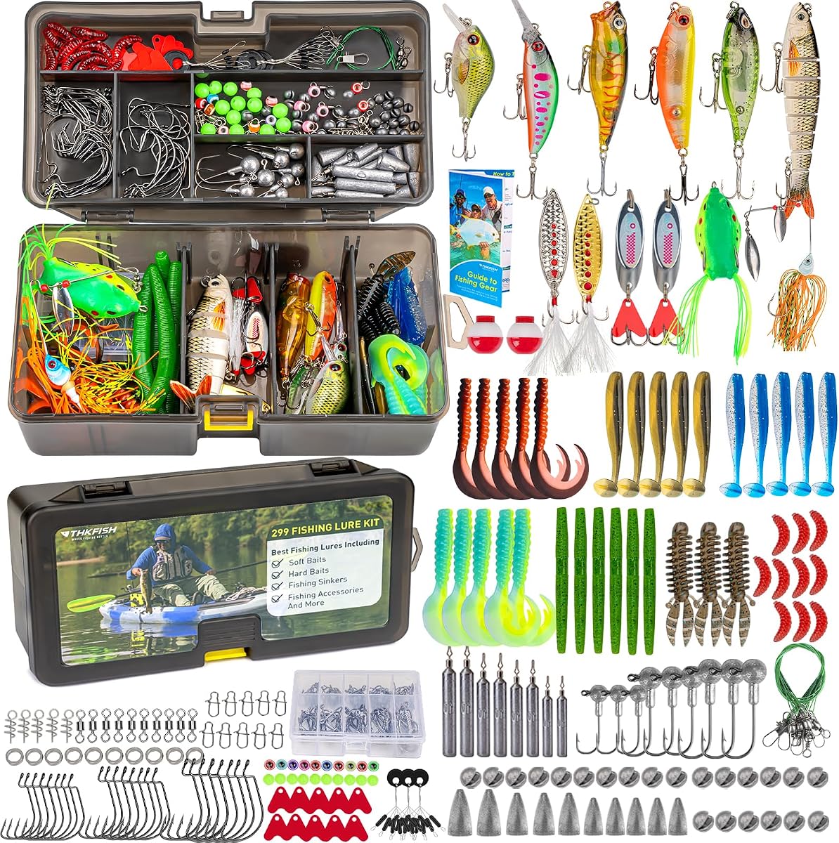 Fishing Lures Kit, Bass Fishing Gear Kit for Freshwater Tackle Box with Tackle Included Topwater Baits, Swimbaits, Frog, Fsihing Bait Accessories Gift for Men