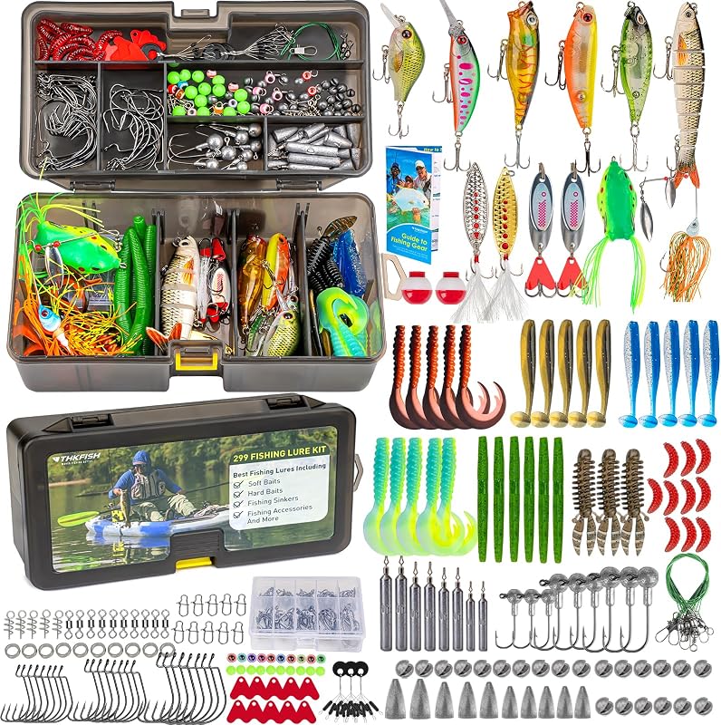 Fishing Lures Kit, Bass Fishing Gear Kit for Freshwater Tackle Box with Tackle Included Topwater Baits, Swimbaits, Frog, Fsihing Bait Accessories Gift for Men