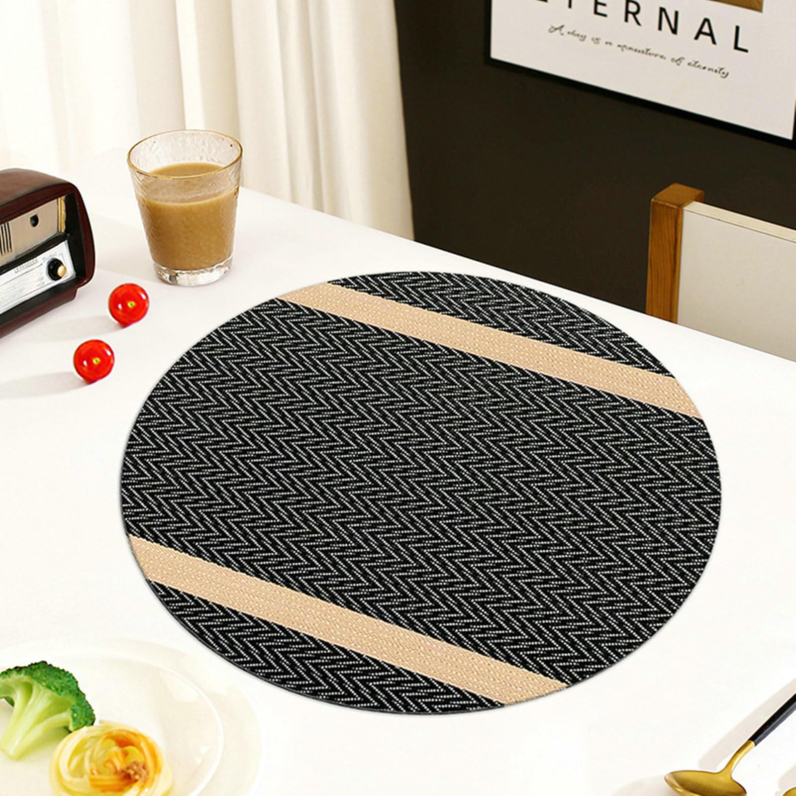 Juego de 10 manteles individuales de mesa, mantel lavable de PVC redondo a rayas, tejido antideslizante, resistente al calor, marrón, negro, 38 cm